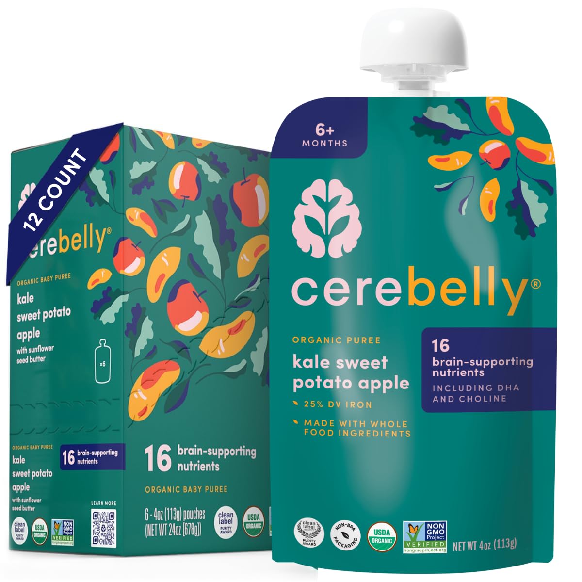 Cerebelly Organic Baby Food Pouches Variety Pack – Organic Veggie Purees for Toddlers | No Added Sugar, Fiber, Non-GMO | Blended Toddler Pouches | 4 Ounce BPA-Free Pouch | 4 Flavors | 8 Count
