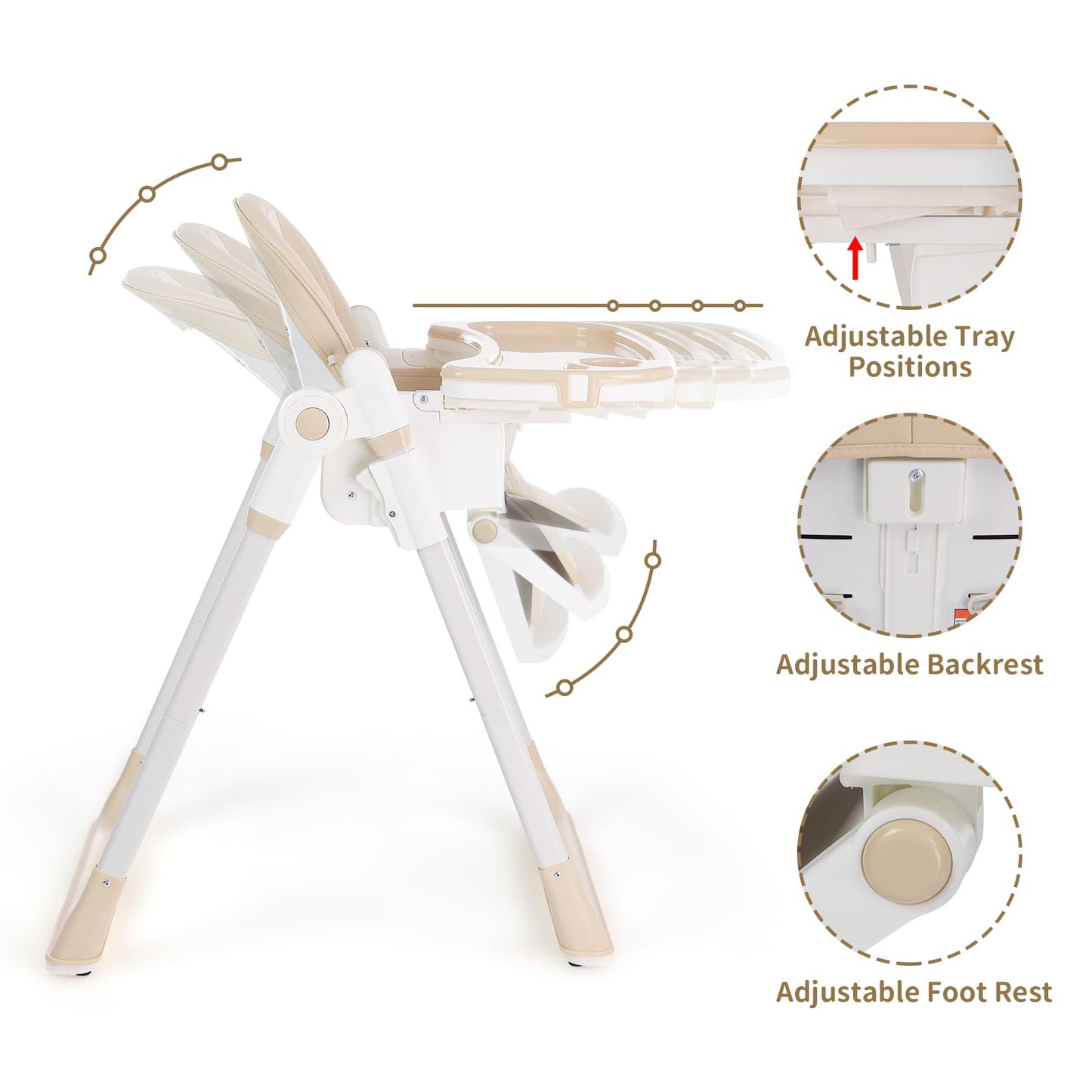 3-in-1 Foldable High Chair for Babies & Toddlers – Adjustable Height, Reclining Seat, 5-Point Safety Harness, Removable Tray, Lockable Wheels and Washable Cushion, Beige