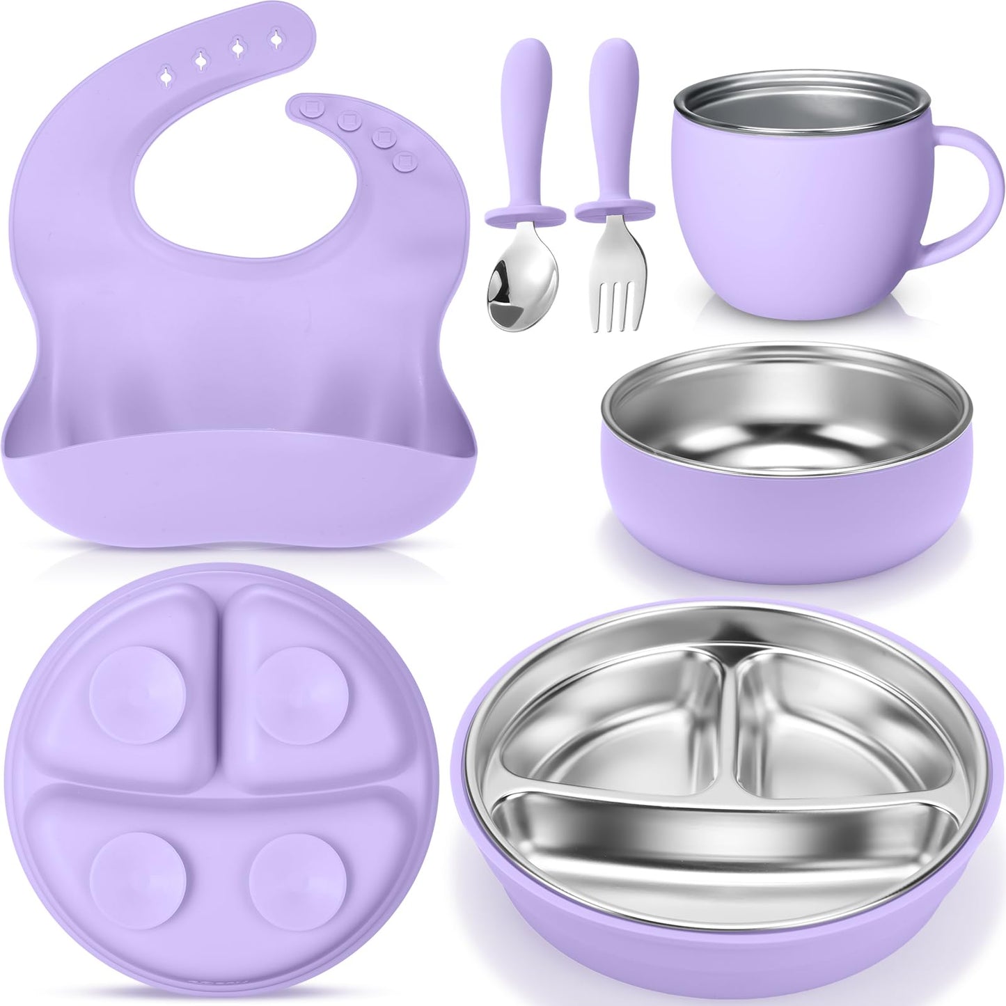 Nuogo 6 Pcs 304 Stainless Steel Kids Plates and Bowls Set Stainless Steel Suction Bowls and Toddler Cup with Removable Silicone, Forks Spoons Pocket Bib for Baby Toddle(Pink,Round)