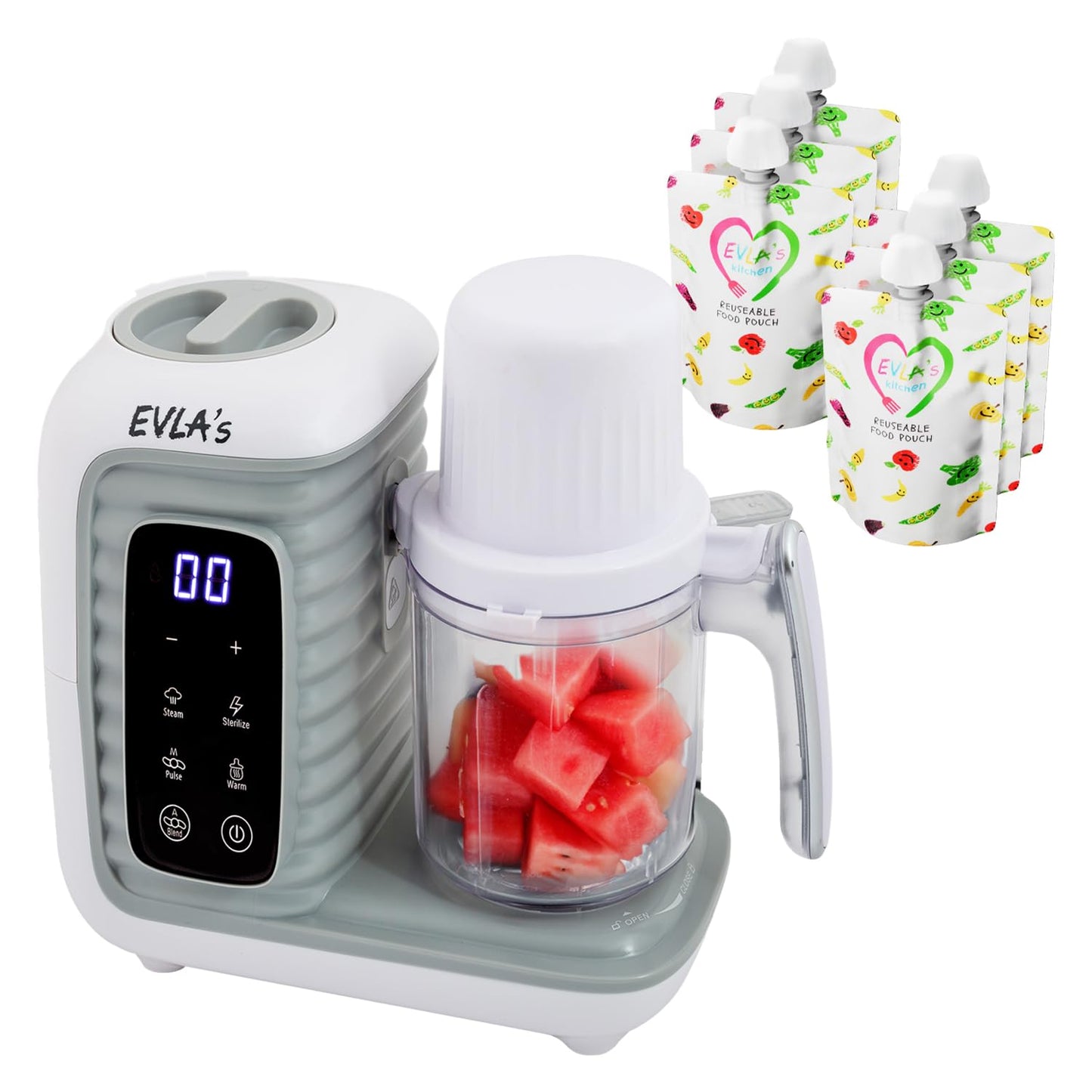 EVLA'S Baby Food Maker, Steamer, Blender, Baby Food Processor for Healthy Homemade Baby Food in Minutes, Touch Screen with 6 Reusable Food Pouches, Baby Registry Essential, White