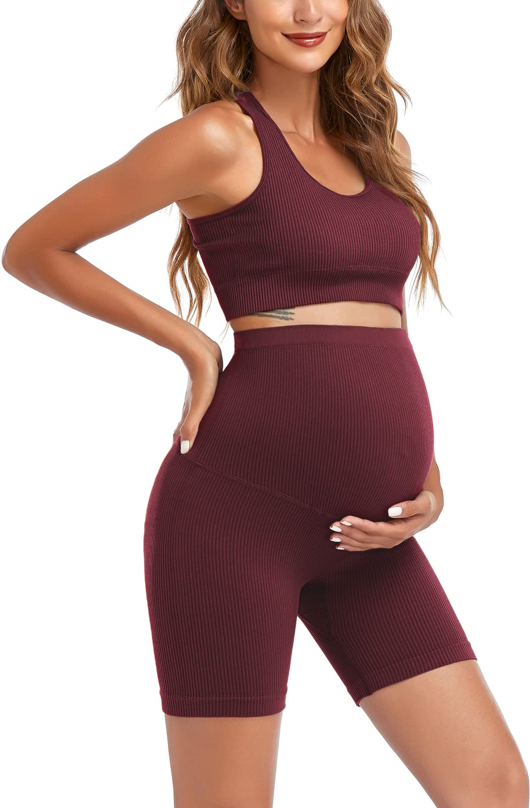 Women's Maternity 2 Piece Outfit Set - Bra & Shorts for Pregnancy - Yoga workout Lounge Wear Sets