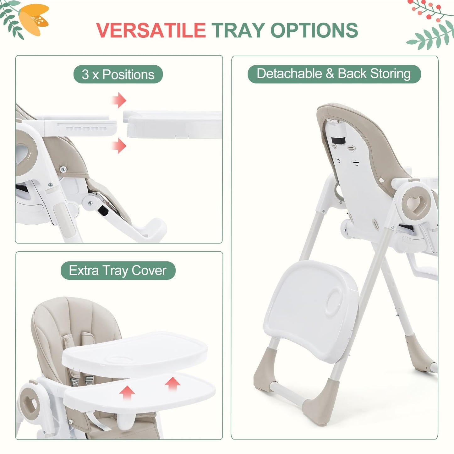 Foldable Baby High Chair with Adjustable Height, 5 Recline Positions & Removable Double Tray - Easy Clean, Space-Saving Infant Highchair for Toddlers, 5-Point Harness & Compact Design