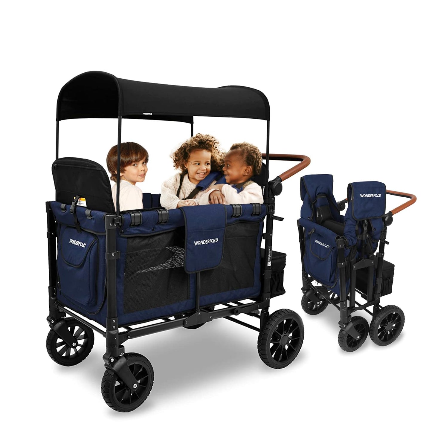 WONDERFOLD W4 Luxe Quad Stroller Wagon Featuring 4 High Face-to-Face Seats with Magnetic Buckle 5-Point Harnesses and Adjustable/Removable UV-Protection Canopy, Hunter Green