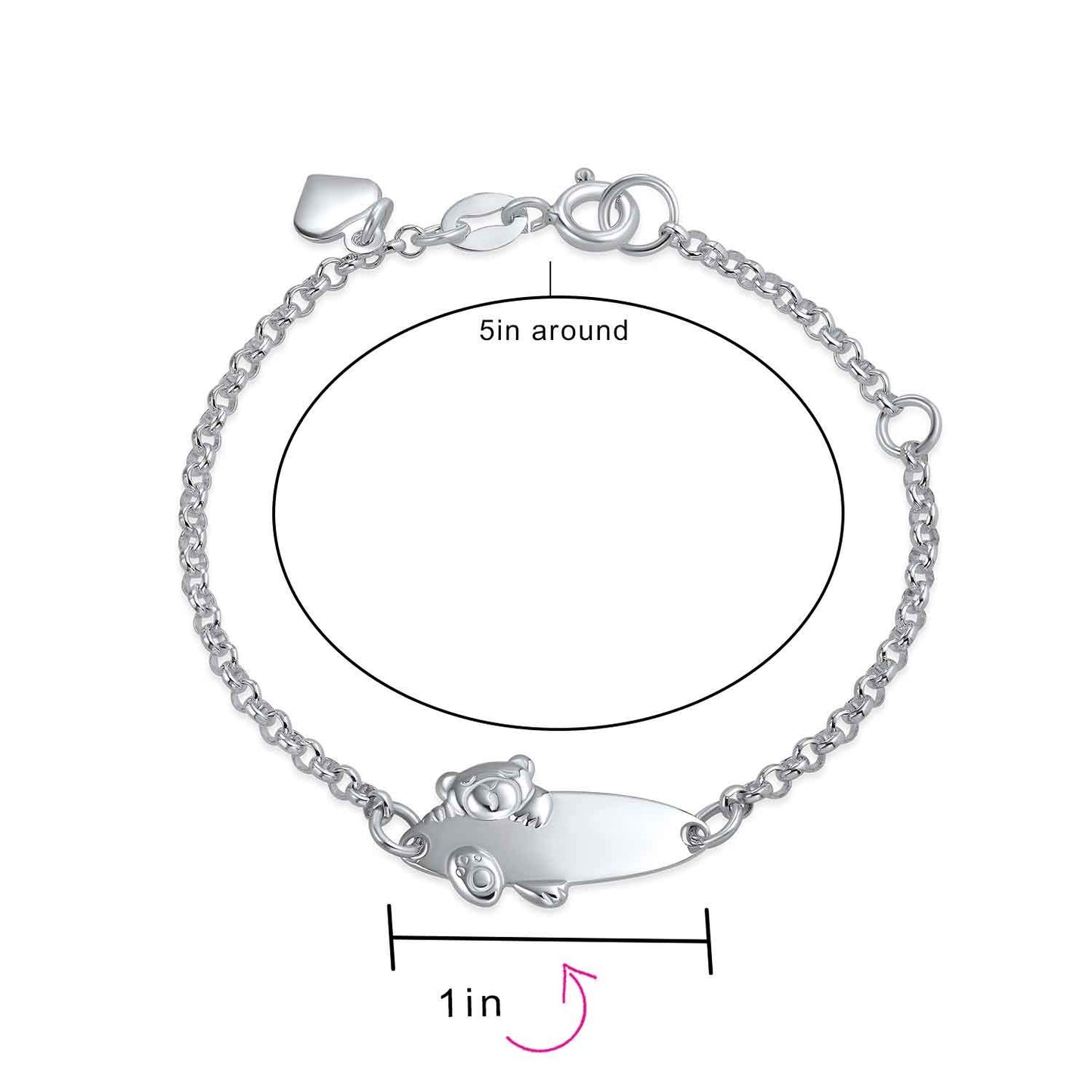 Bling Jewelry Personalized Name Bar Teddy Bear ID Identification Bracelet Women Teen .925 Silver Sterling Small Wrists 5-6 Inch Adjust