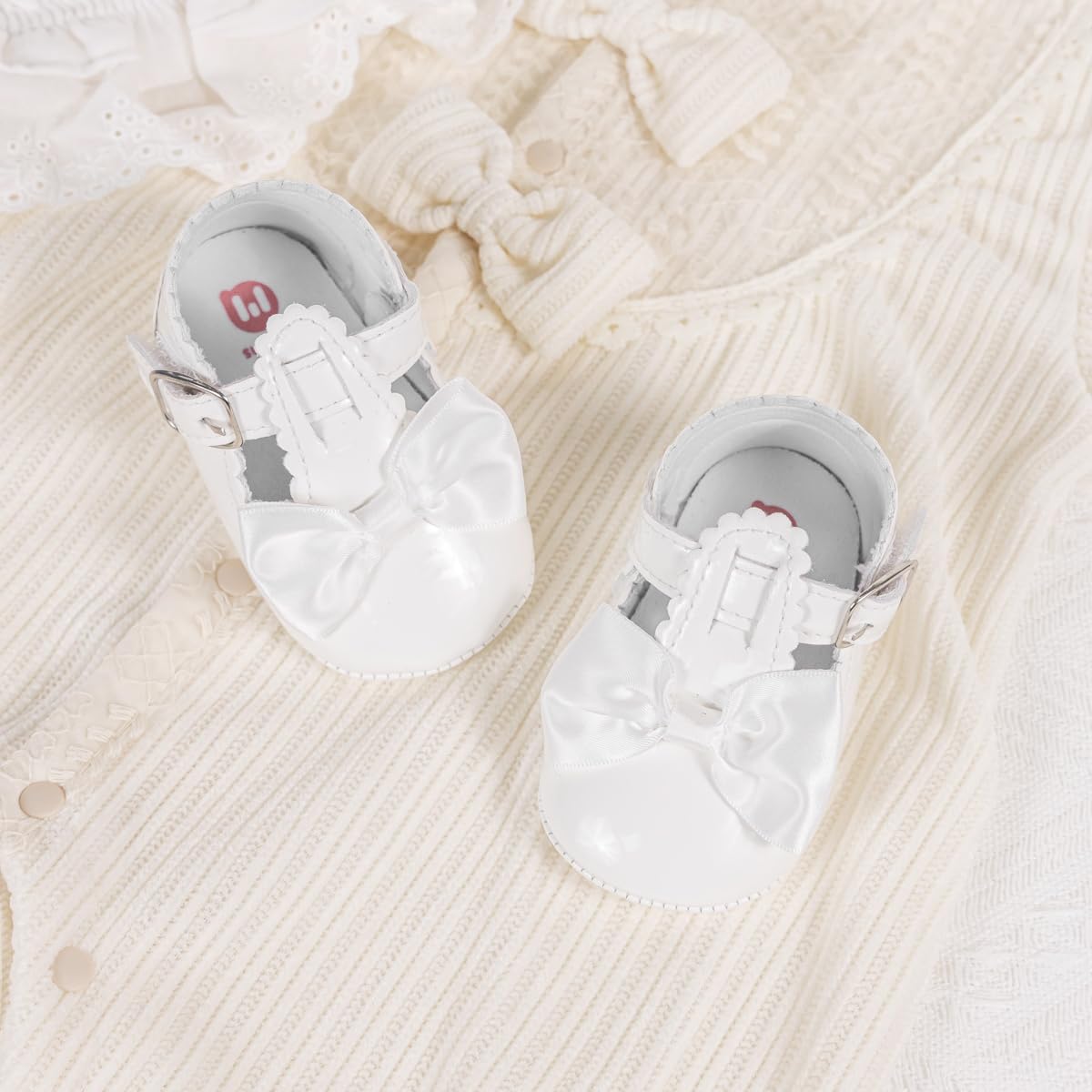 Meckior Newborn Baby Girls Dress Shoes Infant Bowknot Soft Sole Mary Jane Moccasins Baptism Christening Crib Shoes Wedding Princess Flats