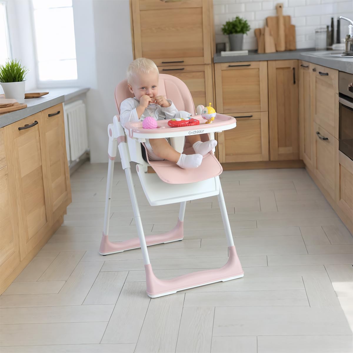 3-in-1 Foldable High Chair for Babies & Toddlers – Adjustable Height, Reclining Seat, 5-Point Safety Harness, Removable Tray, Lockable Wheels and Washable Cushion, Beige