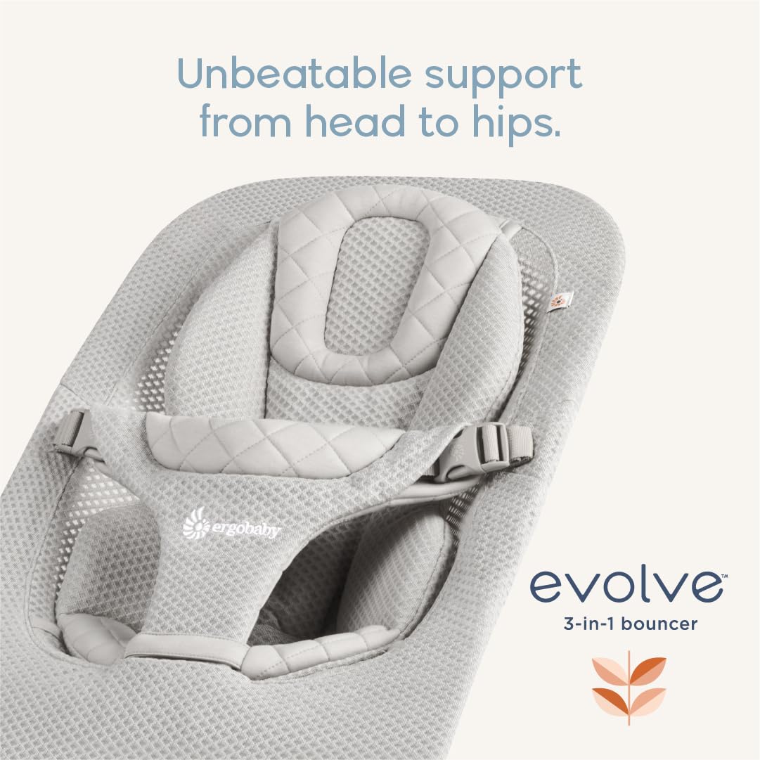 Ergobaby Evolve 3-in-1 Mesh Bouncer, Adjustable Multi Position Baby Bouncer Seat, Fits Newborn to Toddler, Grey Mesh