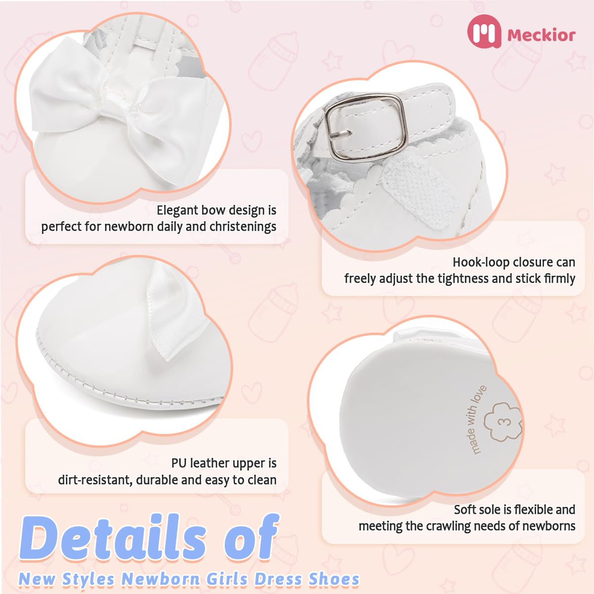 Meckior Newborn Baby Girls Dress Shoes Infant Bowknot Soft Sole Mary Jane Moccasins Baptism Christening Crib Shoes Wedding Princess Flats
