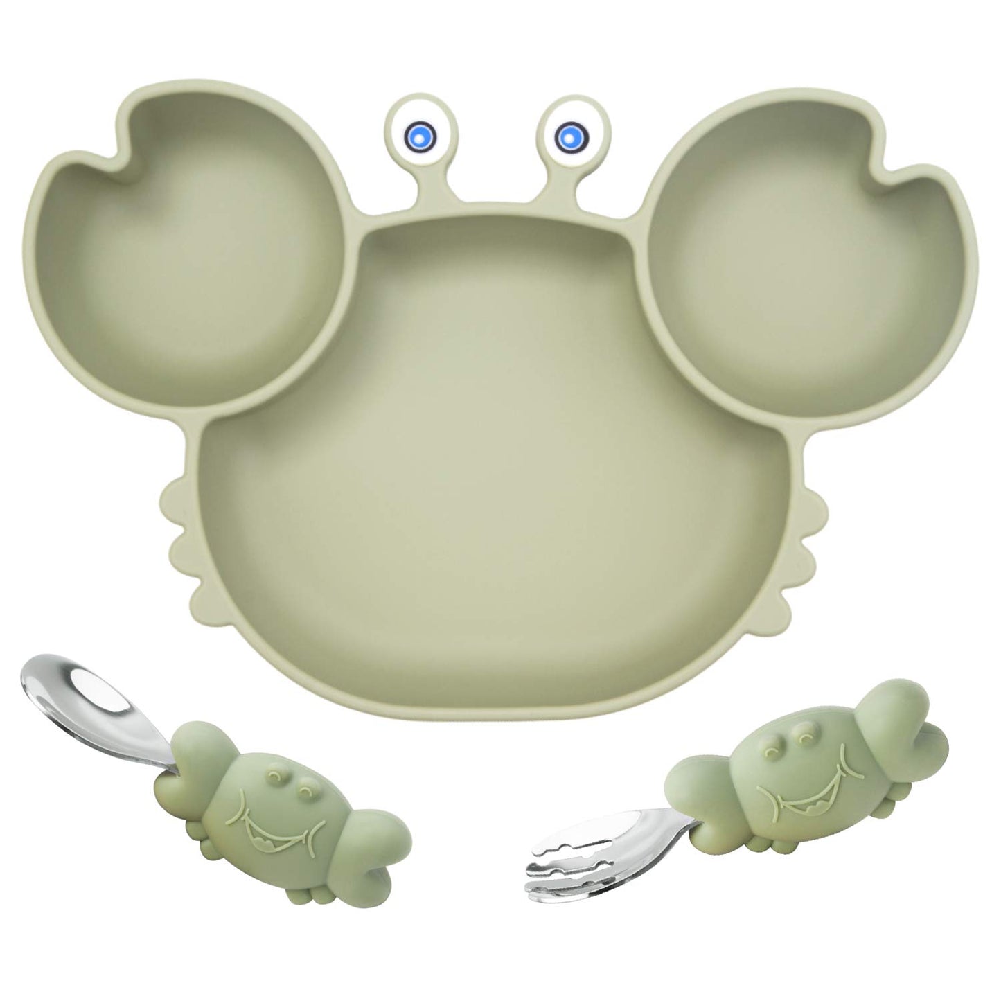 Silicone Suction Plate for Toddlers with Fork Spoon Set - Self Feeding Training Divided Plate Dish and Bowl for Baby and Toddler, Fits for Most Highchairs Trays (Cyan)