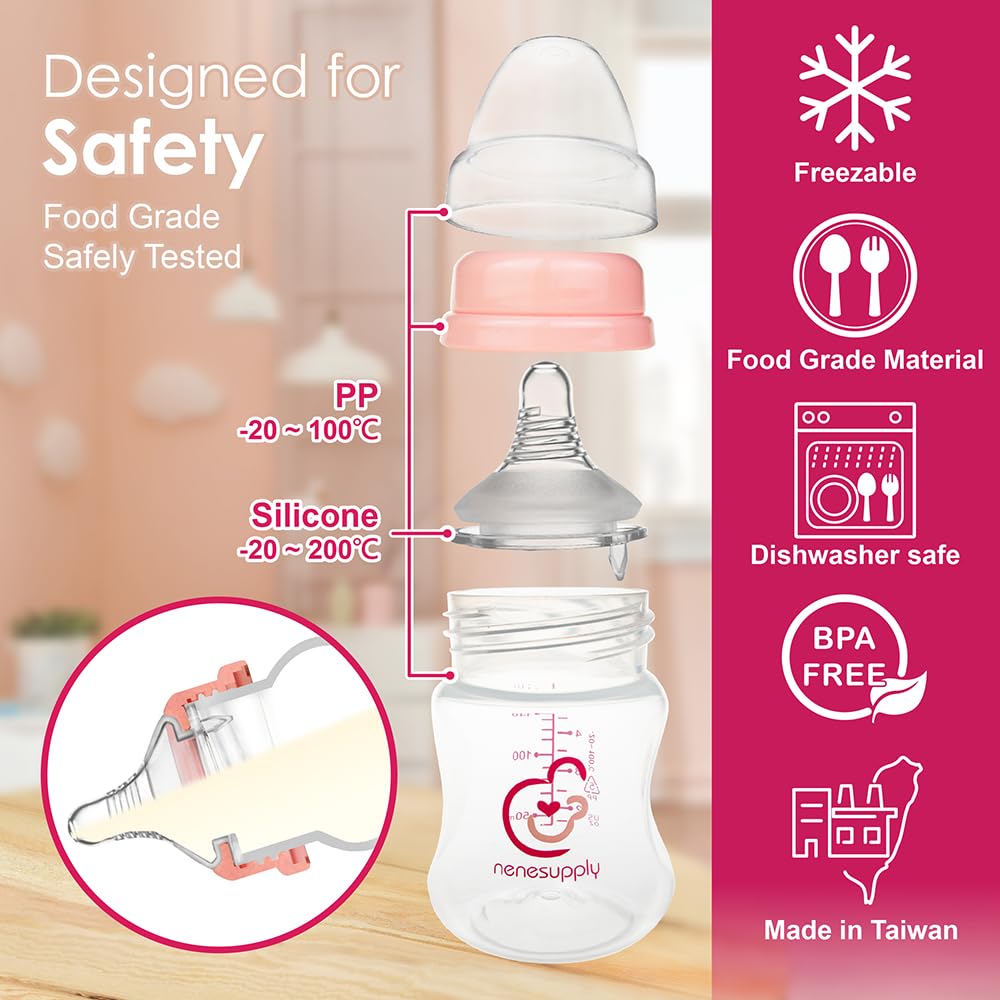 Nenesupply Natural Baby Bottles Newborn Feeding Bottles Slow Flow Breastfeeding Bottle for Breastfed Babies Wide Neck 9oz Anti Colic Level 2 Nipple for 1+ Month Infant Replace Spectra Bottle Pumping