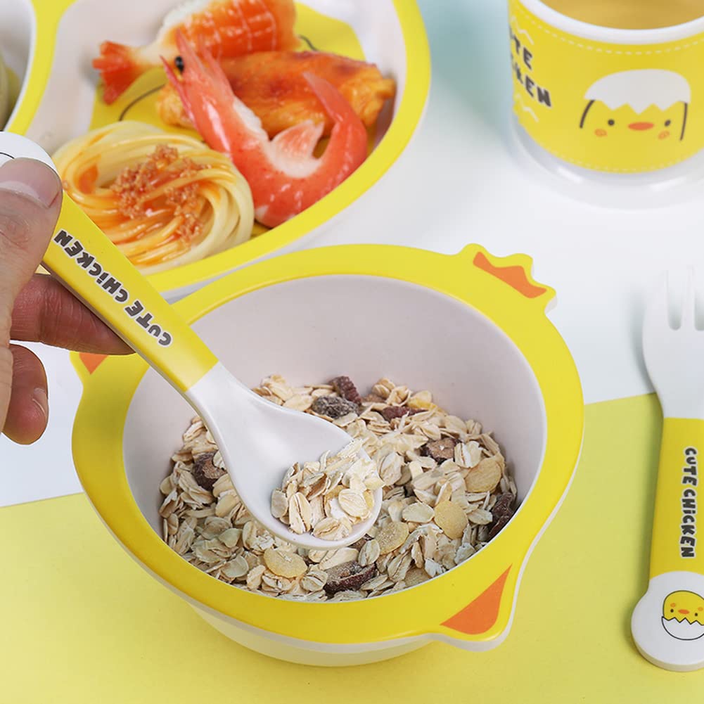Bamboo Kids Dinnerware Set 5 Pcs Includes Plate Bowl Cup Fork Spoon Perfect for Kids BPA-Free (Little Dinosaur)