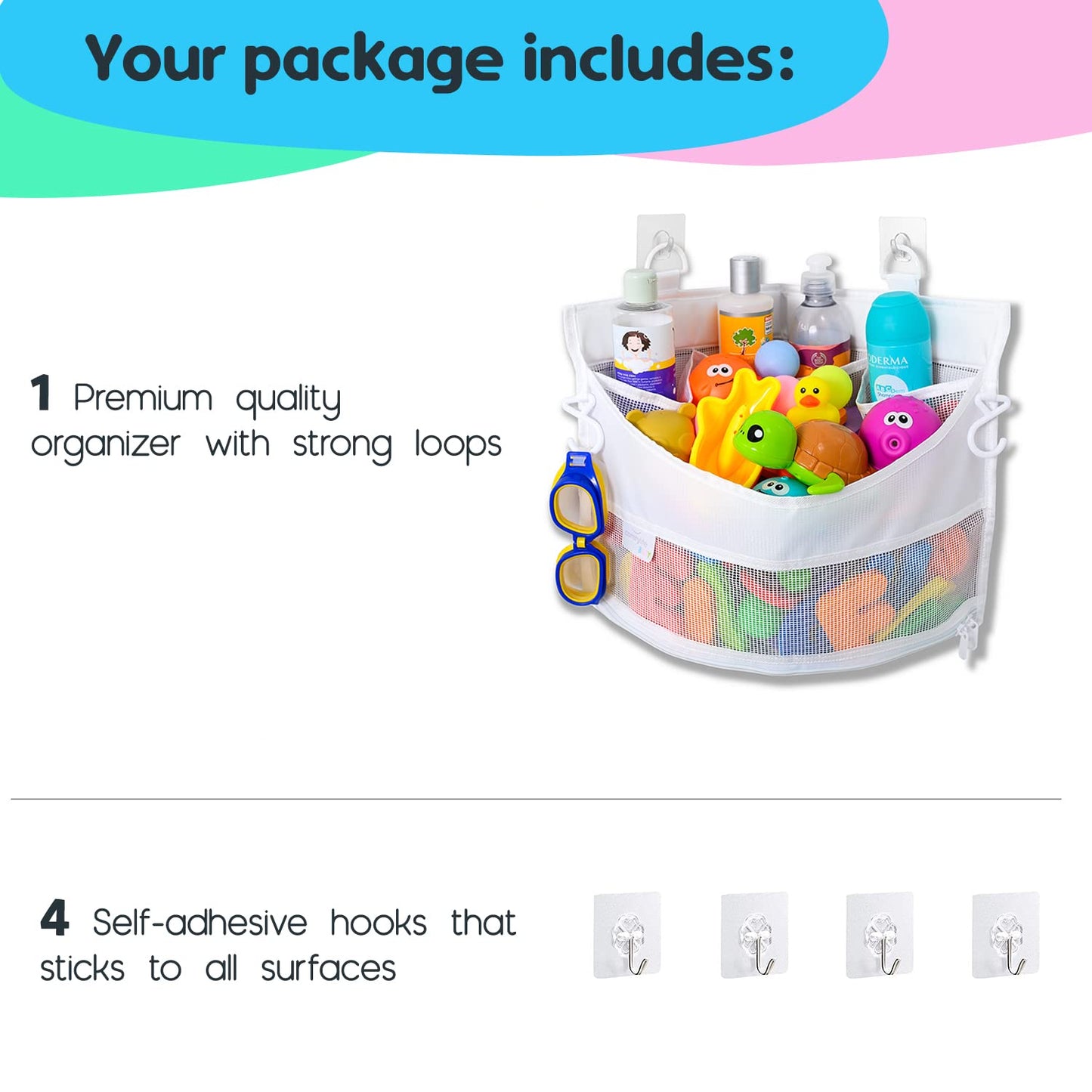 2 x Mesh Bath Toy Organizer + 8 Ultra Strong Hooks – The Perfect Bathtub Toy Holder & Bathroom or Shower Caddy – These Multi-use Net Bags Make Baby Bath Toy Storage Easy – For Kids & Toddlers