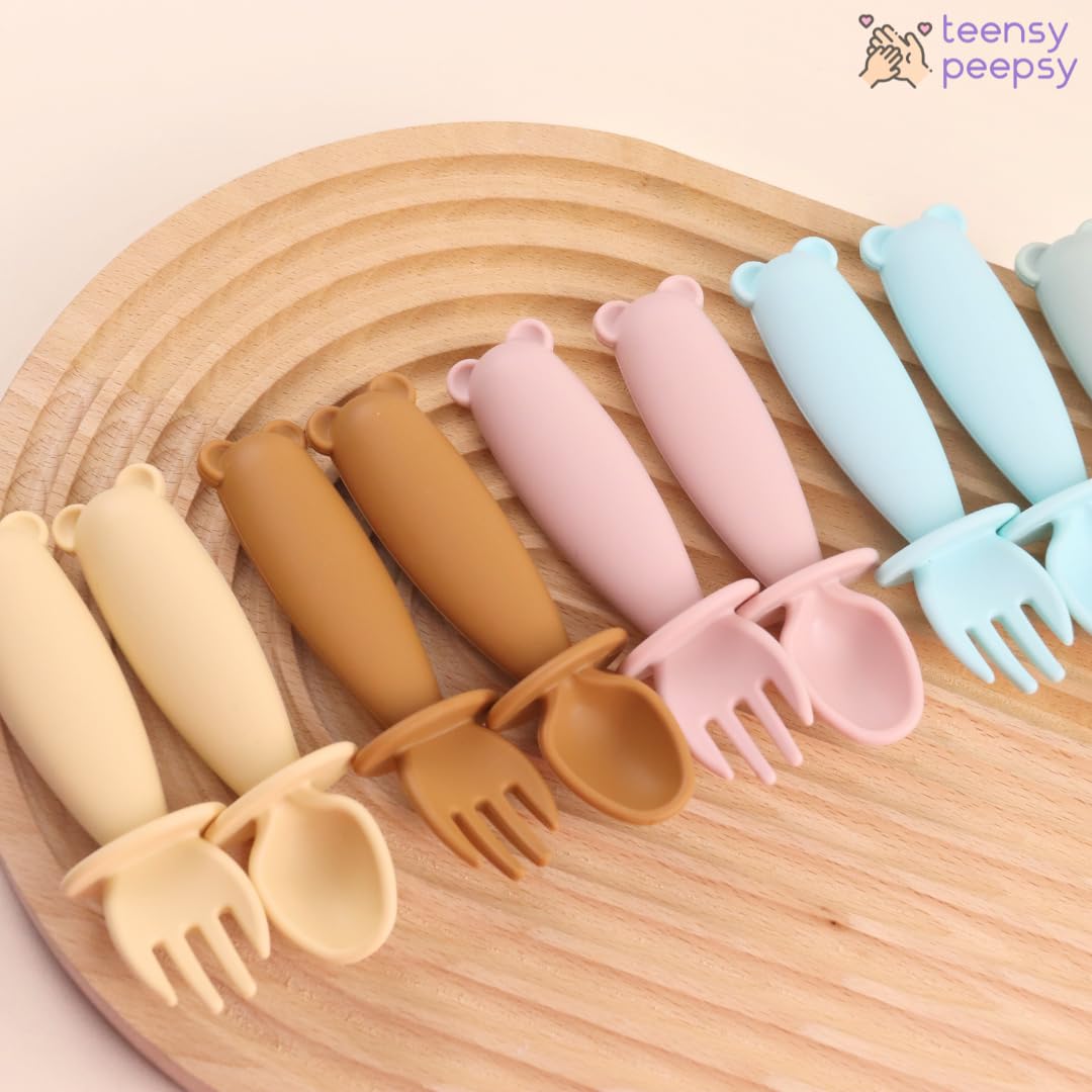 Bear Silicone Baby Bowl Suction Baby Spoon and Fork for Babies 6 months+ Suction Bowls for Baby Utensils 6-12M+ BLW Essentials (Peach Lilac)