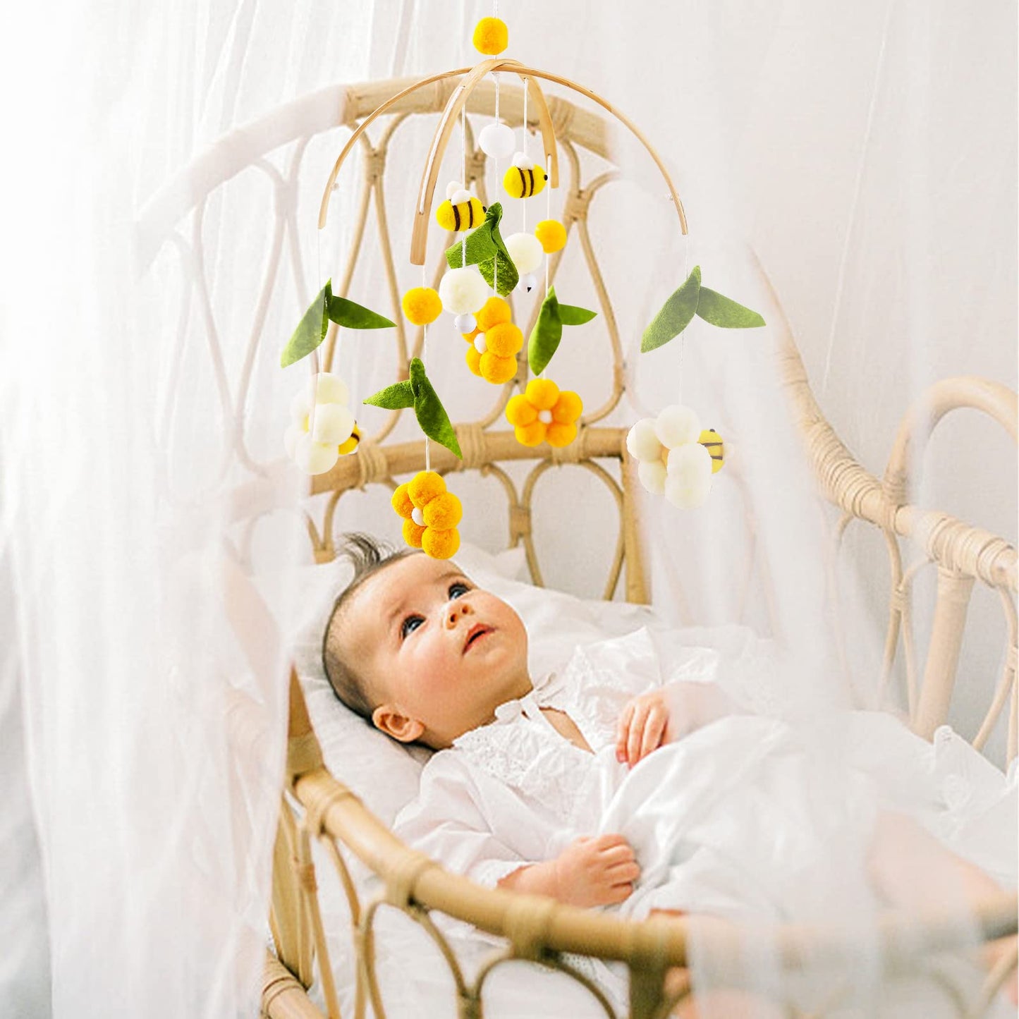 OESSUF Baby Mobile for Crib, Crib Nursery Mobile for Boys Girls, Boho Bee Flower Nursery Decor Soothe Toy Baby Shower Set for Infant Bedroom Hanging Decoration Toy, Pink