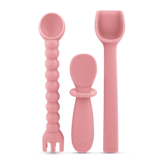 Ryan & Rose Ultimate Utensil Set of 3 Silicone Baby Spoons Silicone baby feeding set for baby led weaning, baby spoons self feeding 6 months, baby utensils, toddler utensils (Rose), Child
