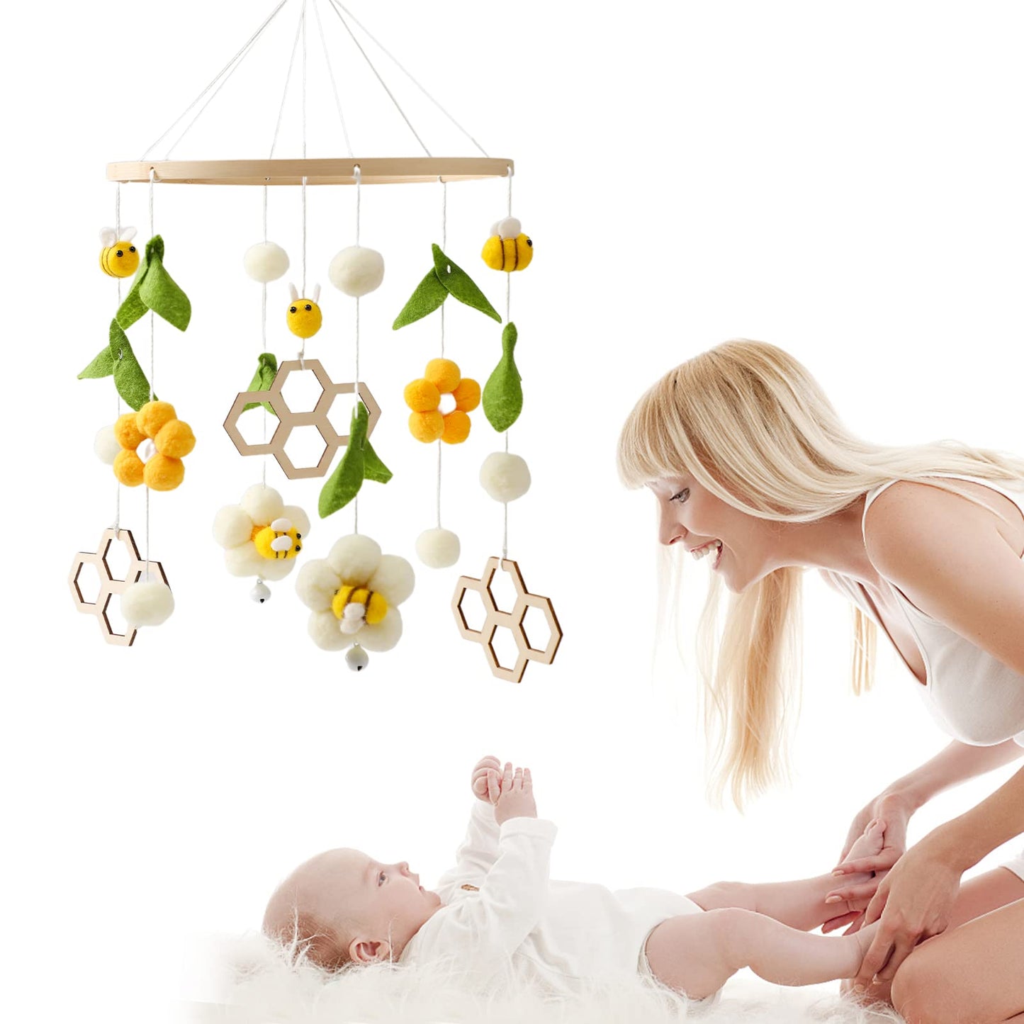 OESSUF Baby Mobile for Crib, Crib Nursery Mobile for Boys Girls, Boho Bee Flower Nursery Decor Soothe Toy Baby Shower Set for Infant Bedroom Hanging Decoration Toy, Pink