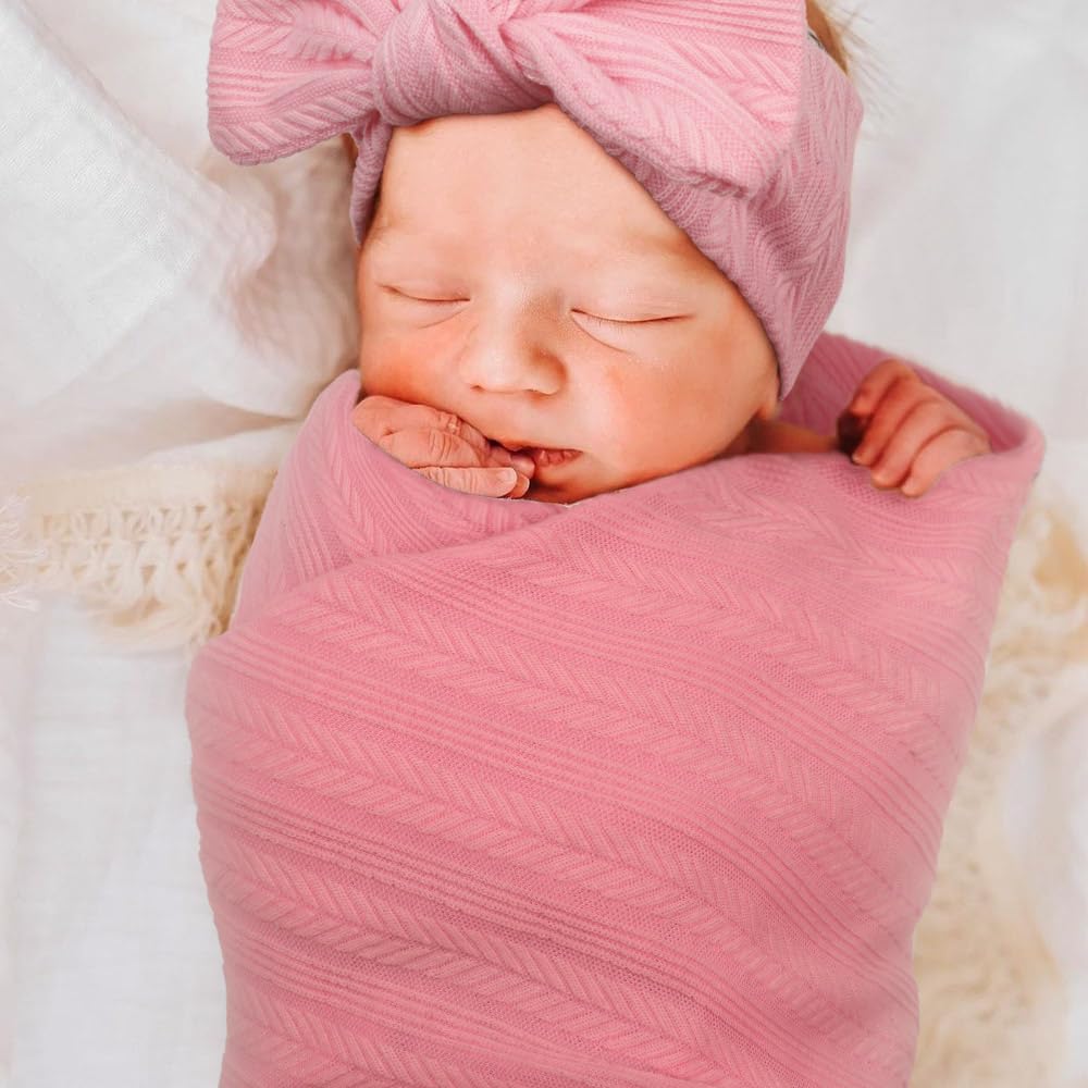 DRESHOW BQUBO Baby Swaddle Blankets for Girls, 4PCS Newborn Accessories Set with Matching Hat and Bow Headband with Card