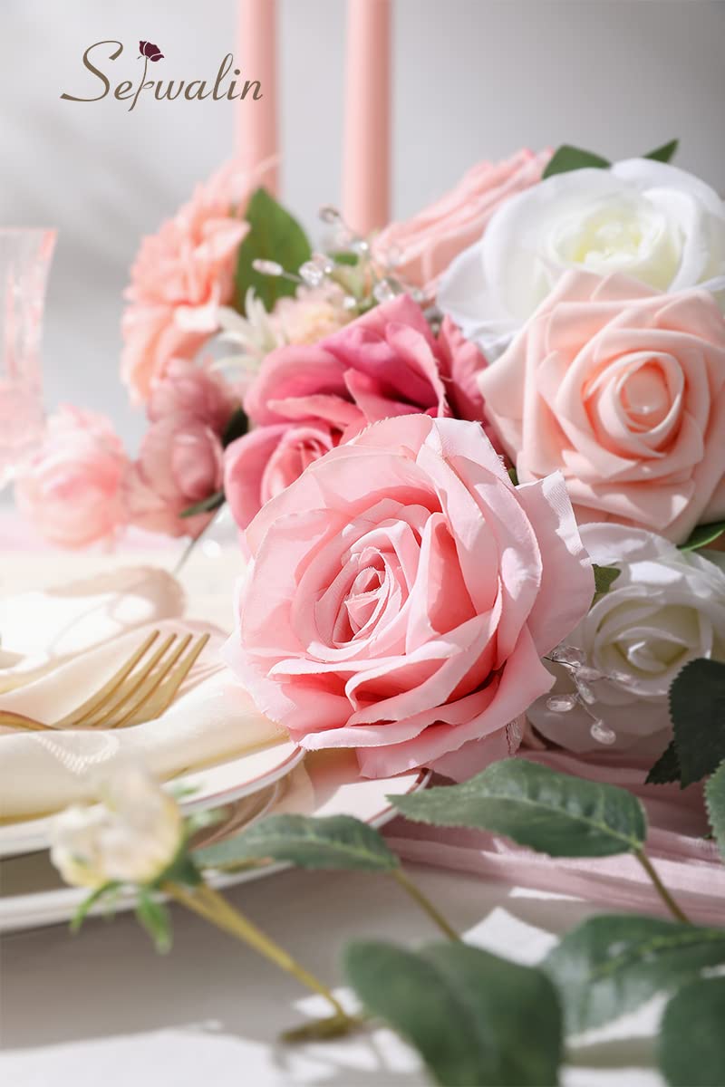Serwalin Pink Artificial Flowers, Silk Fake Flowers for DIY Wedding Bridal Bouquets, Wedding Cake Flowers for Table Centerpieces Baby Shower Birthday Party Home Decorations