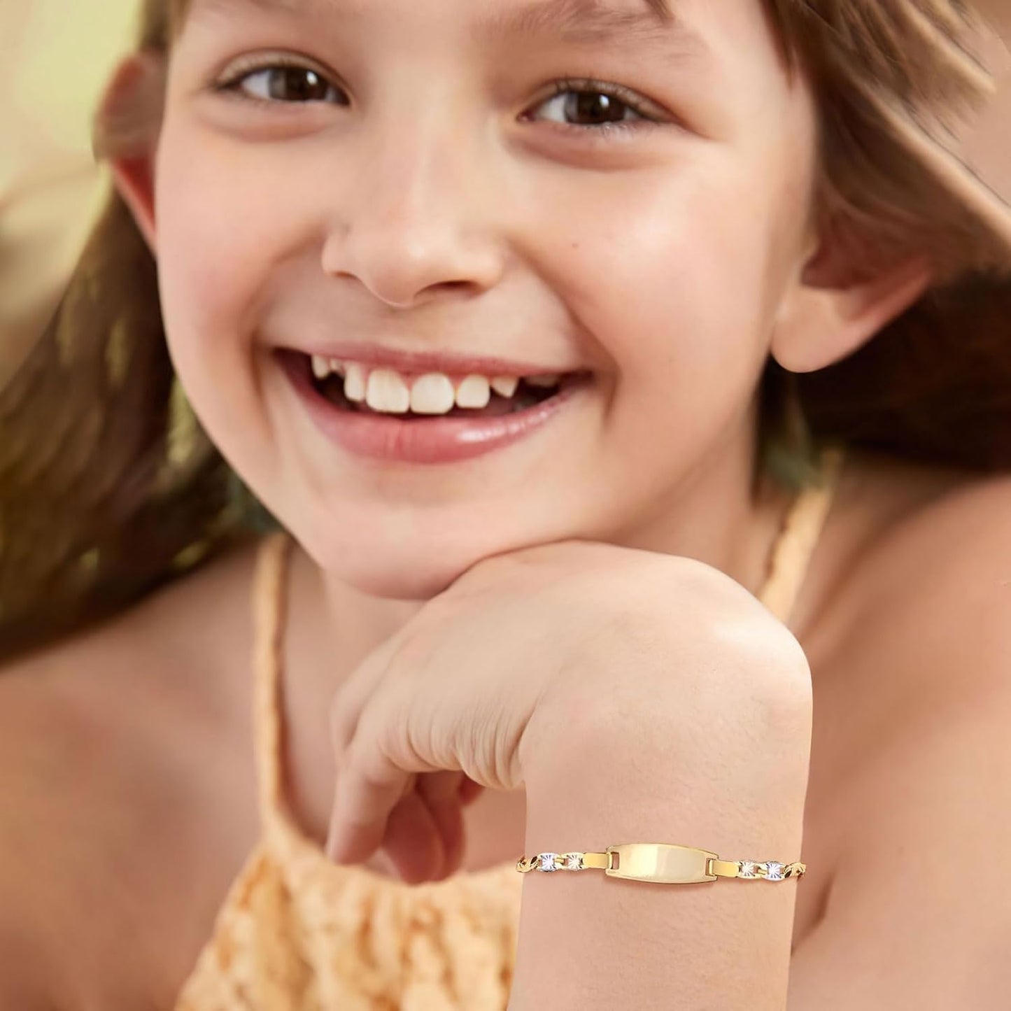 Personalized Child ID Bracelet-18K Gold Plated Tri-Color Chain Custom Name ID Plate Bar Bracelet for Children Toddler from Mom,Engraved Kid Name Customized Birthday,Back To School Gift for Daughter