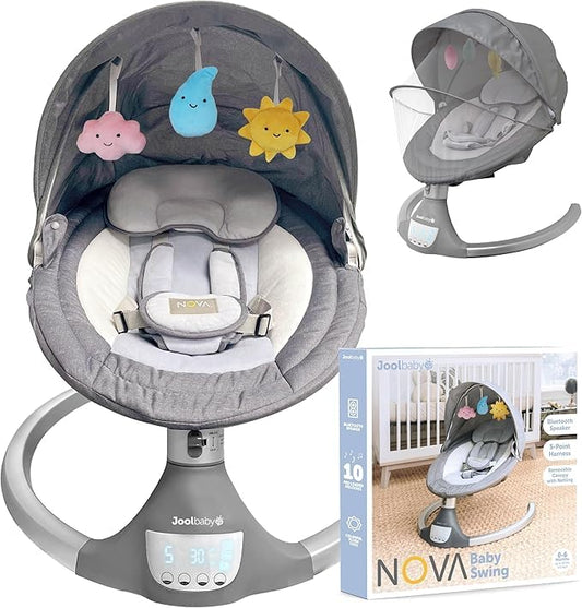 Jool Baby Nova Nature Baby Swing for Newborns – Natural Wood Toys, Electric Motorized Infant Swing, Bluetooth Music