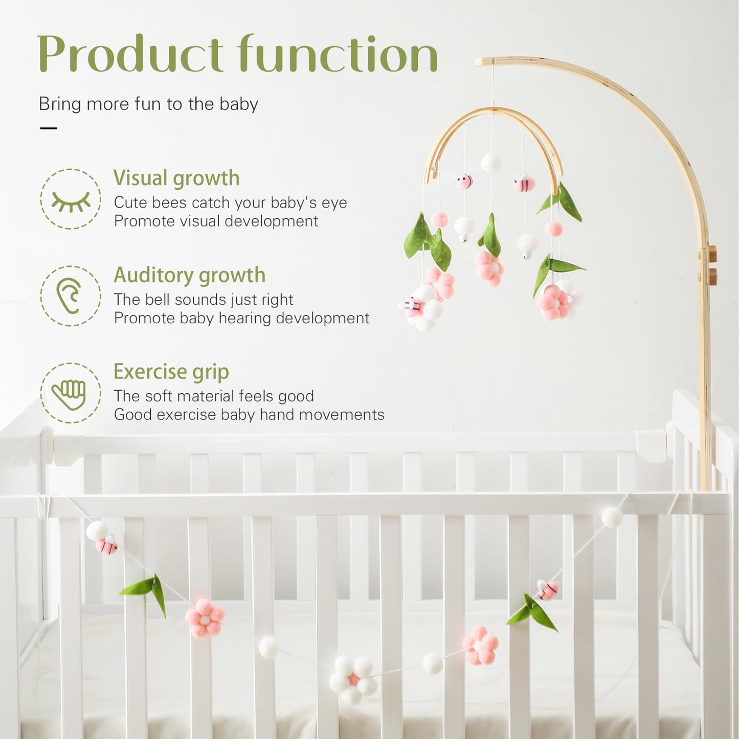 OESSUF Baby Mobile for Crib, Crib Nursery Mobile for Boys Girls, Boho Bee Flower Nursery Decor Soothe Toy Baby Shower Set for Infant Bedroom Hanging Decoration Toy, Pink