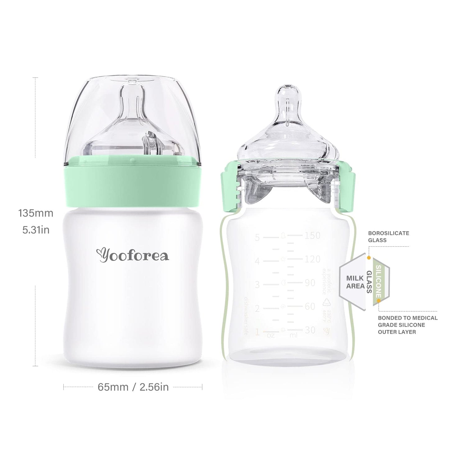 Yooforea Silicone Coated Glass Baby Bottle, 0M+ Slow Flow Nipple I Anti-Colic, Wide Neck, Stable Base I Medical-Grade Silicone Coating for Shatter Protection, BPA BPS PVC Free (3 Ounce-Honey)