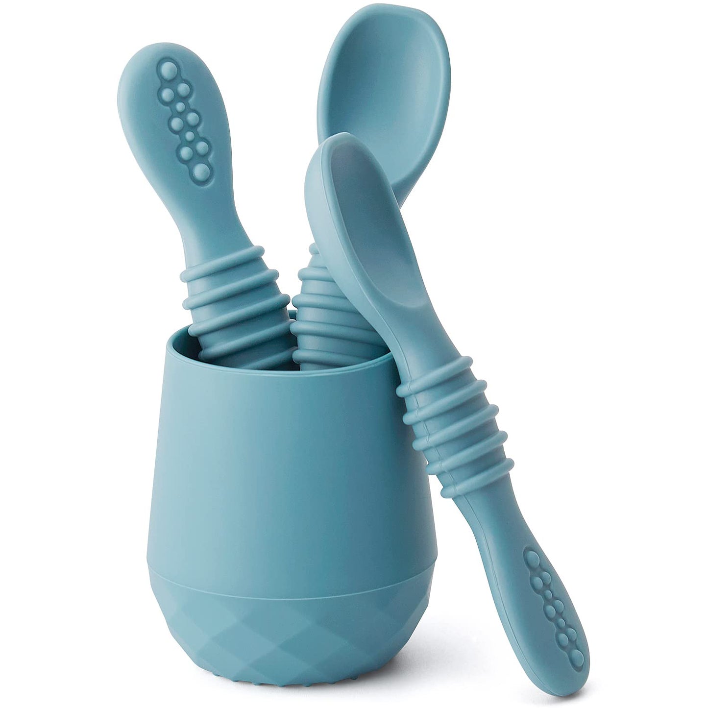 SAMiGO Silicone Baby Utensils - Self Feeding Spoons and Tiny Training Cup - First Stage Baby Led Weaning Supplies for 6 Months+ Infants - Set of 3