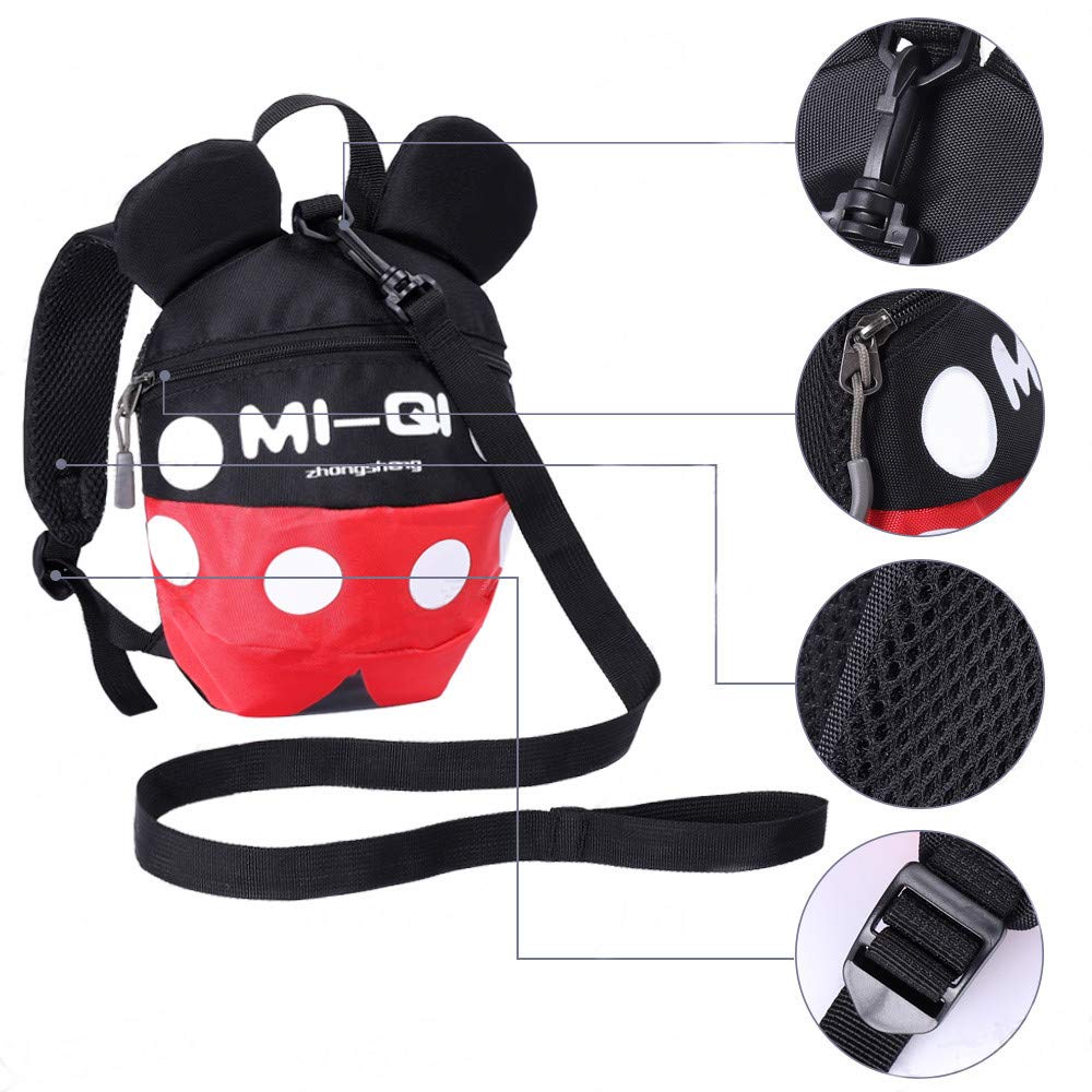 Baby Toddler Leash Baby Leash Backpack Little Kid Boys Girls Anti-Lost Travel Bag Harness Reins Cute Cartoon Backpacks with Safety Leash for Baby Backpack Leash for Toddlers 1-5 Years(Black red)