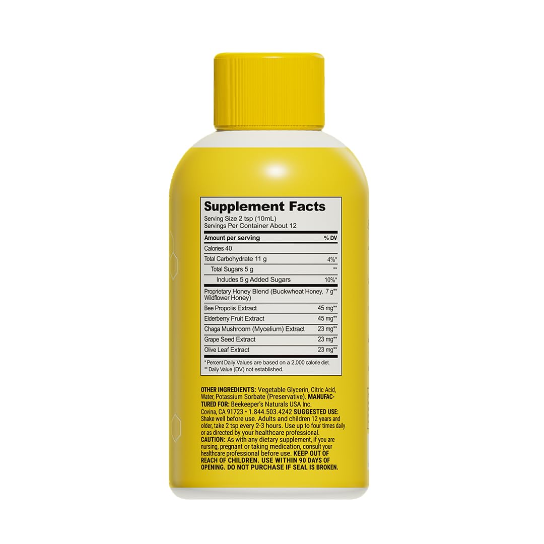 Beekeeper's Naturals Propolis Honey Cough Syrup Daytime for Kids Immune Support with Elderberry, Vitamin C, Vitamin D & Raw Honey - Throat Soothing - Gluten Free & Clean Ingredients, 4 oz.