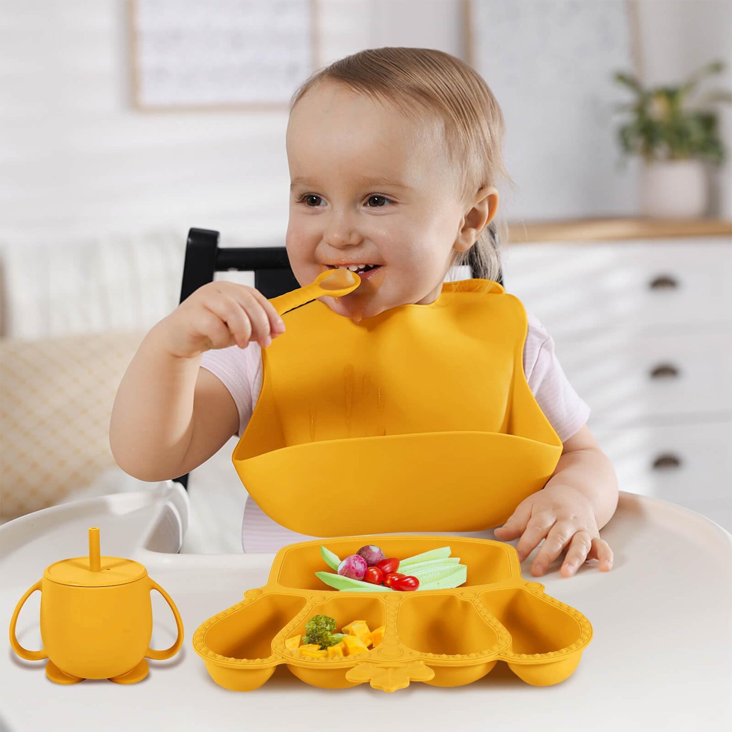 Silicone Baby Feeding Set 10 Pcs Baby Led Weaning Supplies Suction Bowl Divided Plate Baby Bibs Fruit Feeder Baby Spoons Forks Sippy Cup Toddler Utensil Sets Baby Essentials for Newborn Gift
