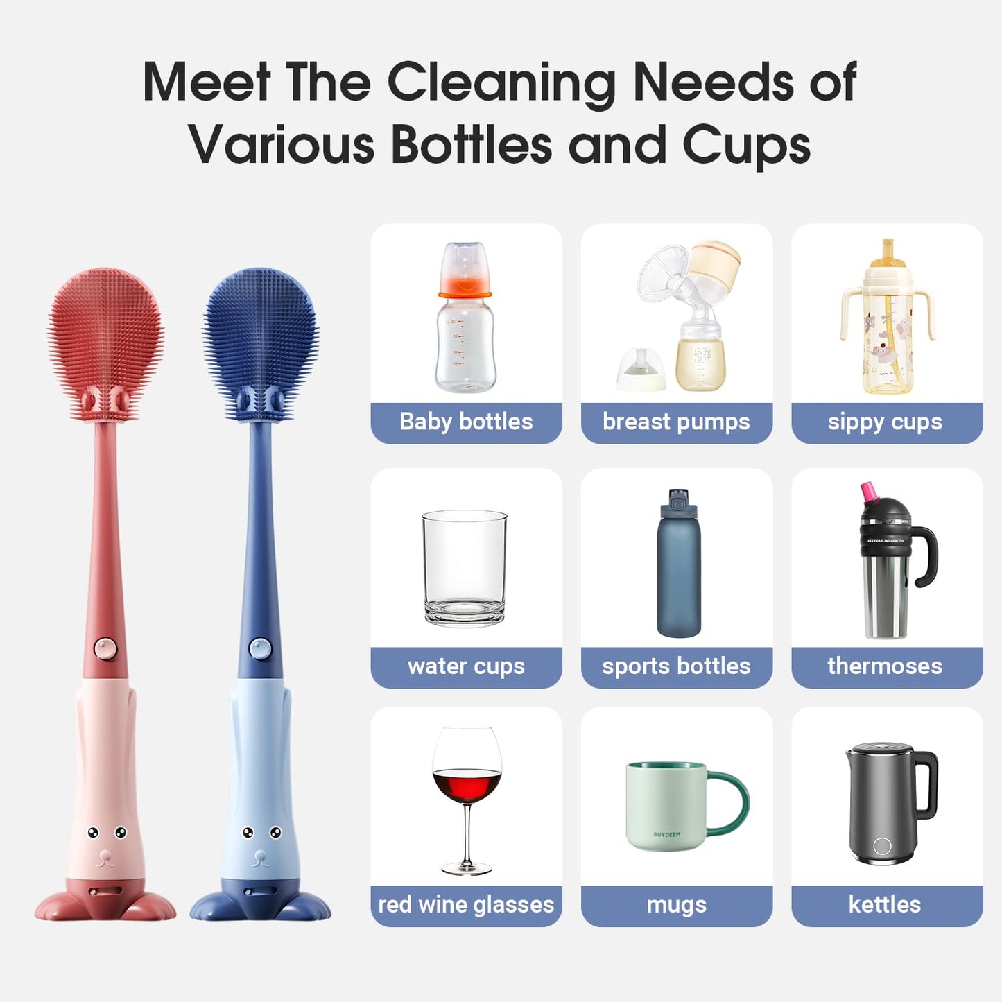 TPE Bottle Brush Cleaner Set, Baby Bottle Cleaning Kit for Breast Pump,Nipple, Breast Milk Storage Bag, Sippy Cup(Blue)