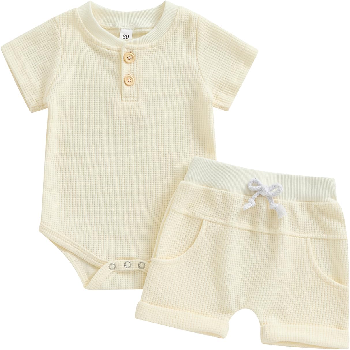 Kuriozud Newborn Baby Boy Summer Clothes Button Short Sleeve Romper Bodysuit Shorts Set Toddler Soft Waffle Outfit
