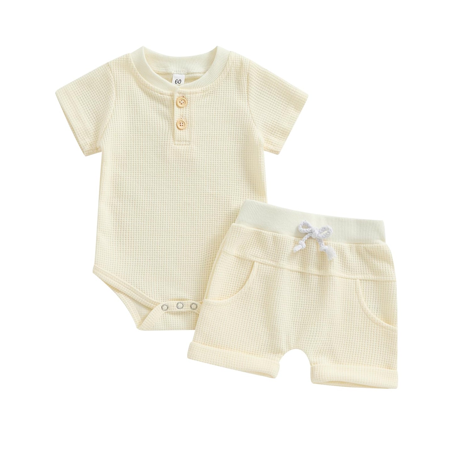 Kuriozud Newborn Baby Boy Summer Clothes Button Short Sleeve Romper Bodysuit Shorts Set Toddler Soft Waffle Outfit