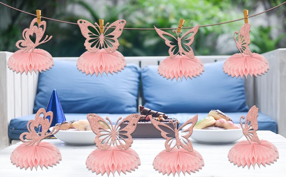 Butterfly Honeycomb Centerpieces, Butterfly Themed Baby Shower Party Decorations, Baby Girl Gender Reveal Party Table Toppers Supplies 8 Pcs Rose Gold (Double Sided Glitter Paper)…