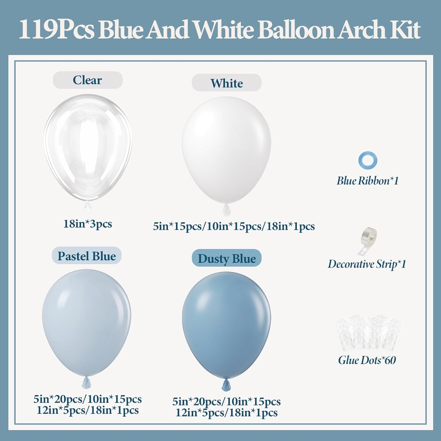 119pcs Dusty Blue Balloon Arch Garland Kit, Blue & White Balloon Arch Kit with Dusty Blue, Pastel Blue, White Clear Balloons for Bridal, Baby Shower Party Decorations