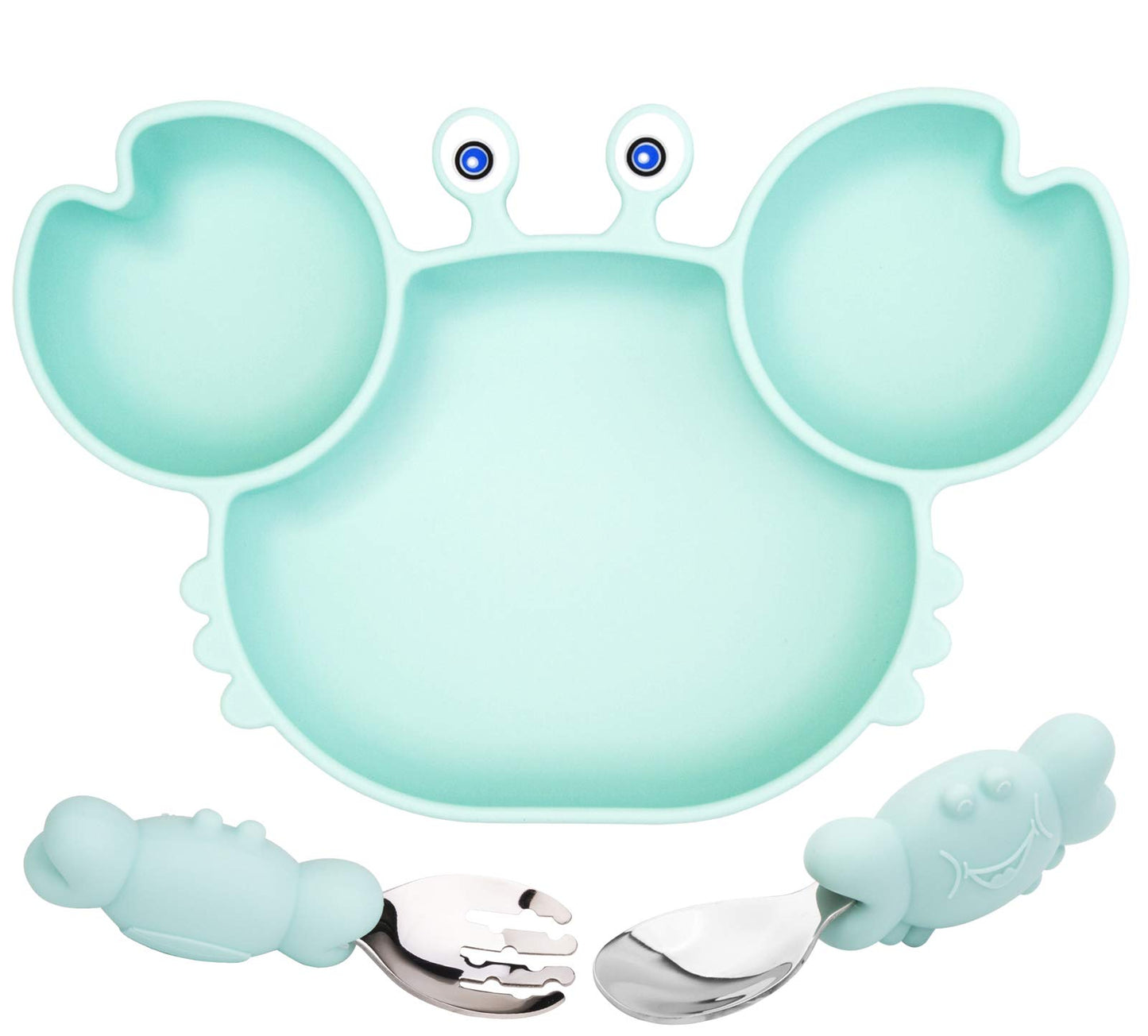 Silicone Suction Plate for Toddlers with Fork Spoon Set - Self Feeding Training Divided Plate Dish and Bowl for Baby and Toddler, Fits for Most Highchairs Trays (Cyan)