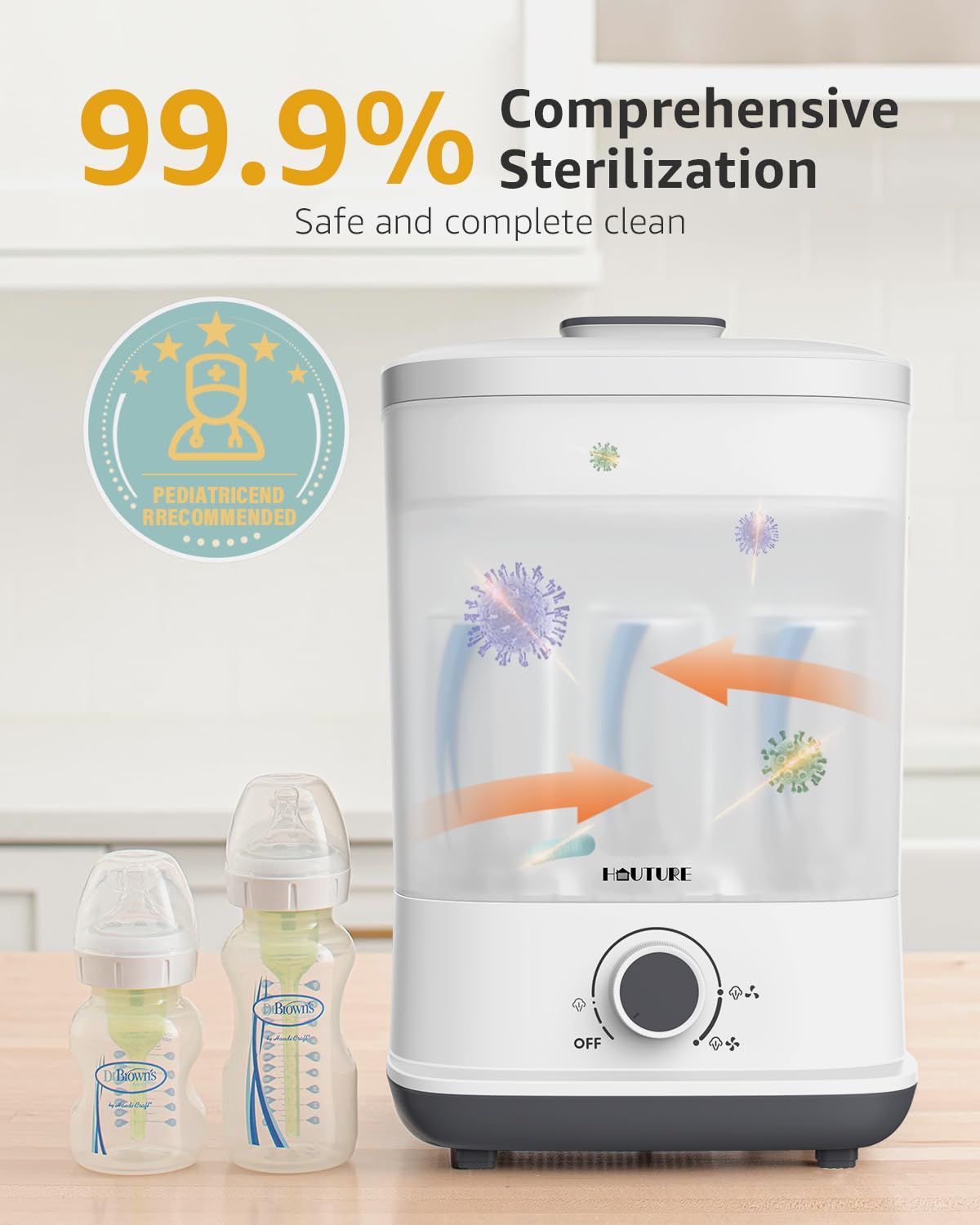 Baby Bottle Sterilizer | Esterilizador de Biberones, 6-in-1 HAUTURE Bottle Sterilizer and Dryer, Electric Steam Bottle Sanitizer for Baby Stuffs, Baby Bottles & Breast Pump Accessories