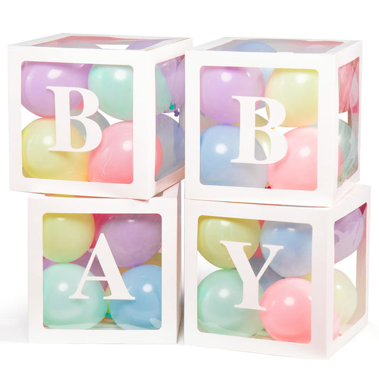 Baby Boxes with Letters for Baby Shower Decorations, Gender Reveal with 4 Pastel Balloon Boxes