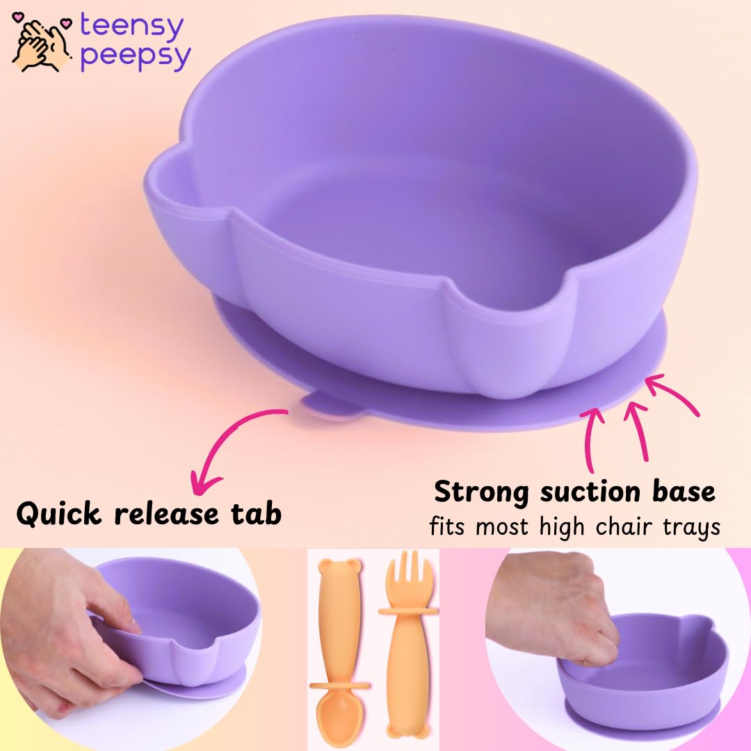 Bear Silicone Baby Bowl Suction Baby Spoon and Fork for Babies 6 months+ Suction Bowls for Baby Utensils 6-12M+ BLW Essentials (Peach Lilac)
