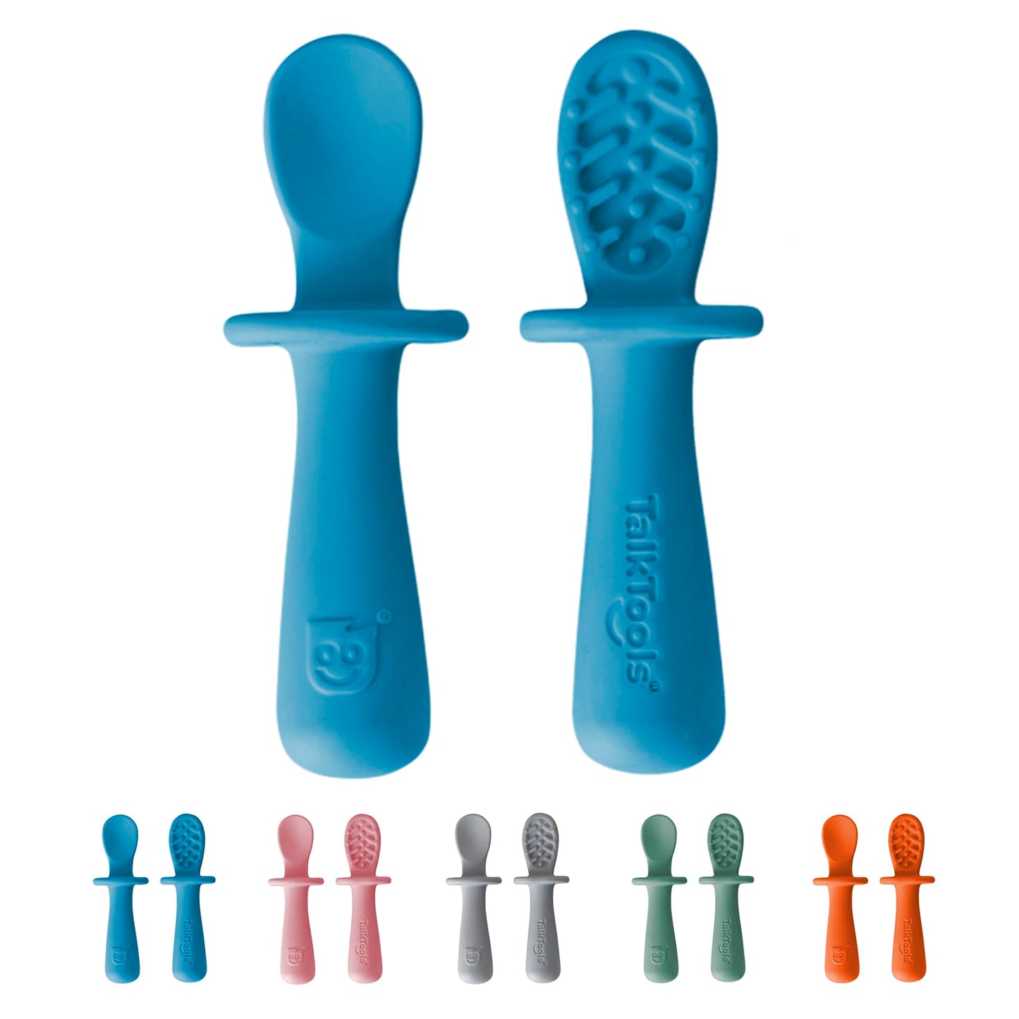 TalkTools ITSY Tiny Silicone Spoons – Twin Pack Soft Silicone Self-Feeding Training Spoons for Kids & Toddlers, Anti-Choking Flange Guard and Non-Slip Handle (Ocean)