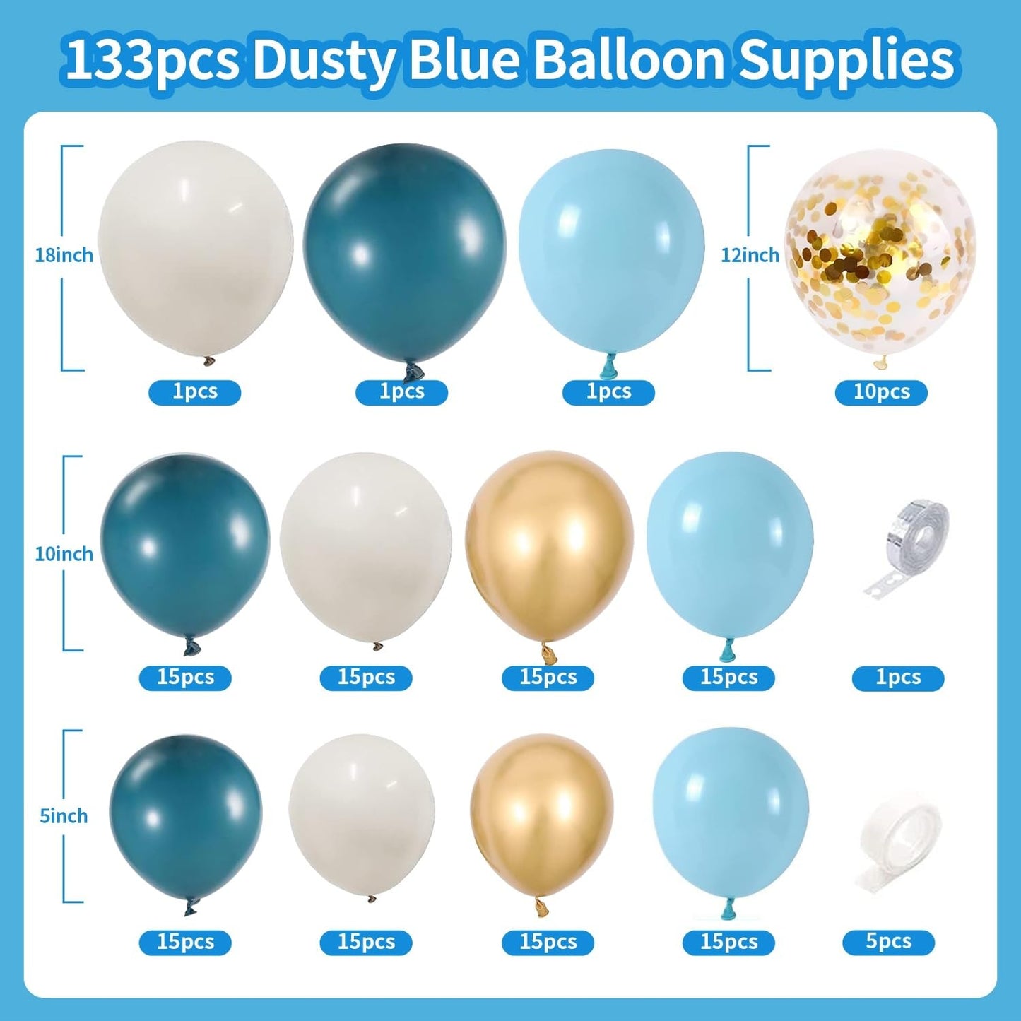 Dusty Blue Balloon Arch Kit, Dusty Baby Blue Balloons Arch Kit With Metallic Gold Sand White Gold Confetti Balloons for Wedding Bridal Shower Boy Birthday Party Baby Shower Decorations