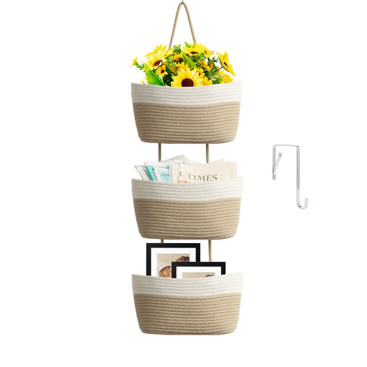 TeoKJ Over the Door Hanging Basket, 3-Tier Woven Cotton Wall-Mounted Storage Organizer Bag Decorative Hanging Nursery Baskets - Jute