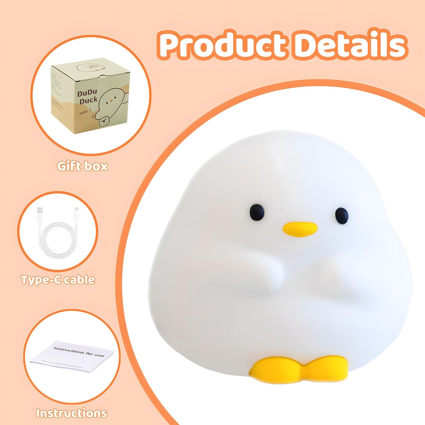 DuDu Duck Night Light, Cute Duck Lamp, Squishy Silicone Nightlight for Bedrooms with 30 Minutes Timer, Rechargeable Bedside Lamp with Touch Control for Bedrooms, Living Room
