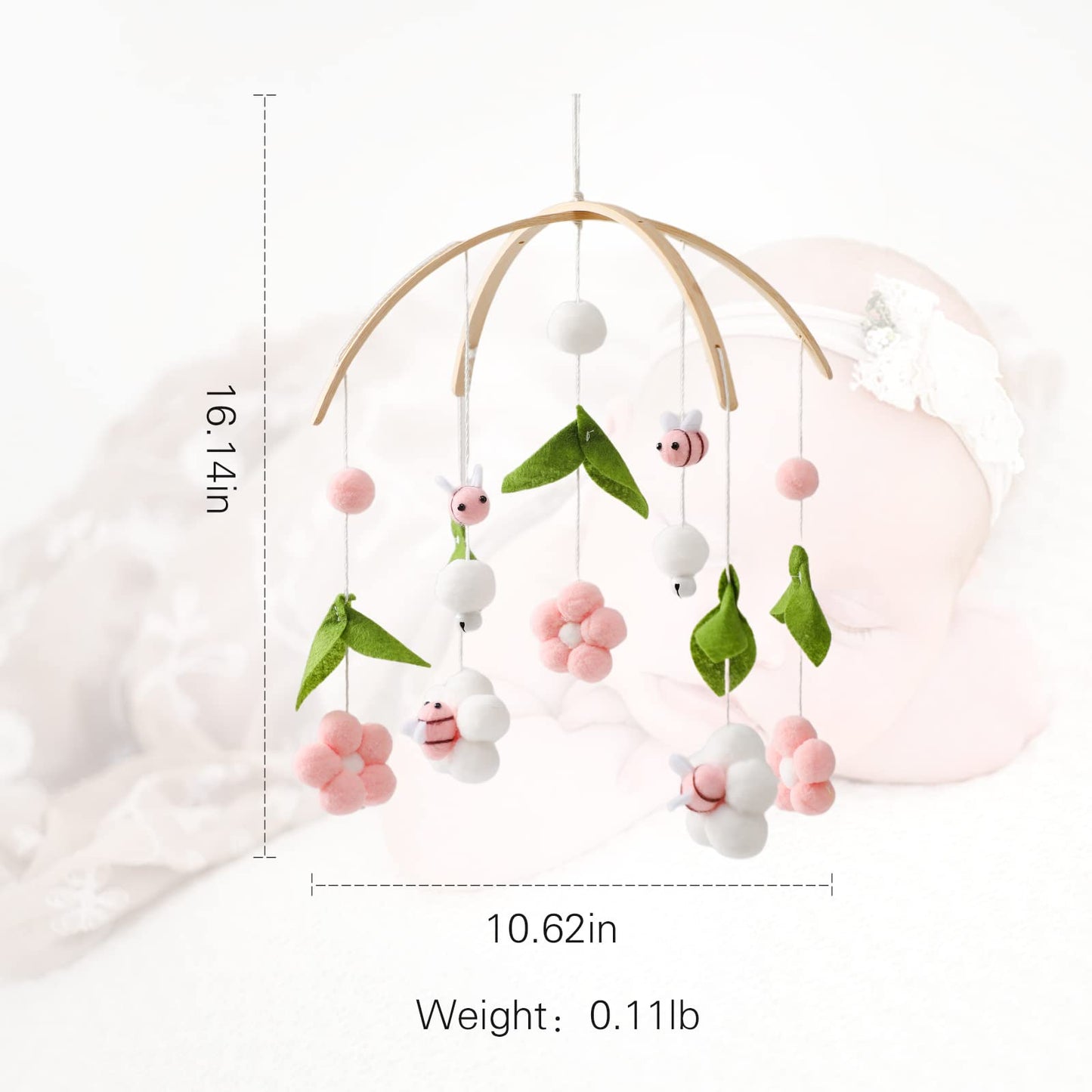 OESSUF Baby Mobile for Crib, Crib Nursery Mobile for Boys Girls, Boho Bee Flower Nursery Decor Soothe Toy Baby Shower Set for Infant Bedroom Hanging Decoration Toy, Pink