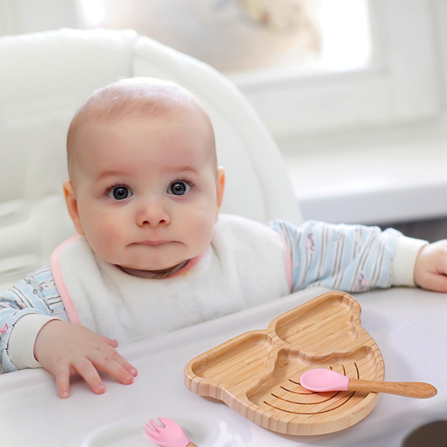 Bamboo Suction Plates Bowls Set for Baby Toddler Divided Platter Food bowl with Silicone Fork & Spoon All-Natural Baby Feeding Set for Baby-Led Weaning, Non-Slip Design