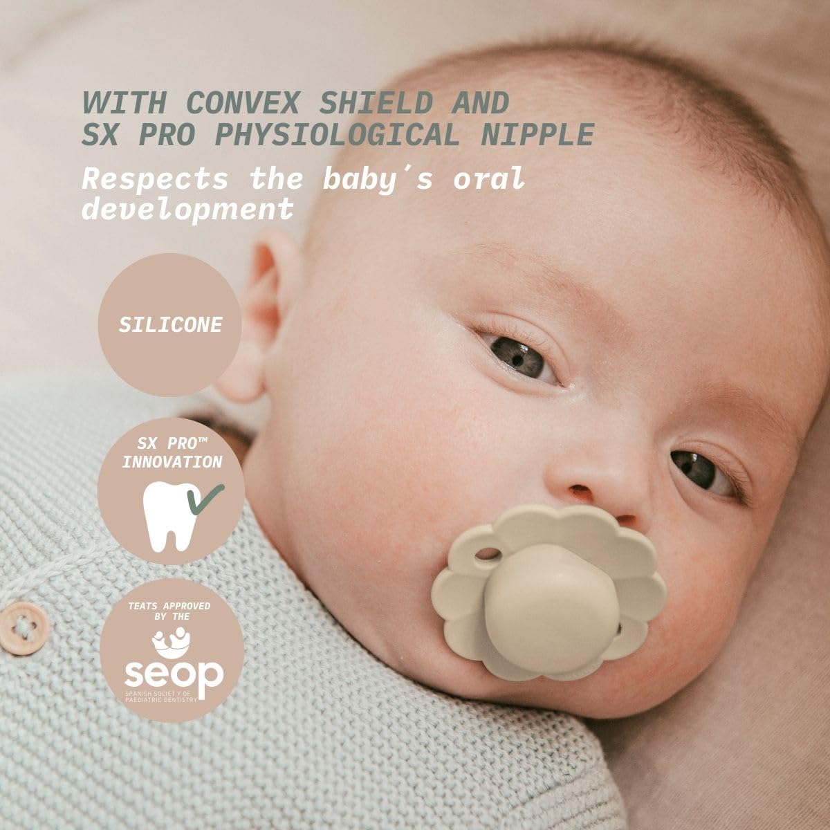 Suavinex Wonder Baby Pacifier, SX Pro Silicone Nipple, Reversible, Non Irritating Shield Design, 2 Pk Pacifiers 0-6 Months, Made in Europe, Mauve/Chalk