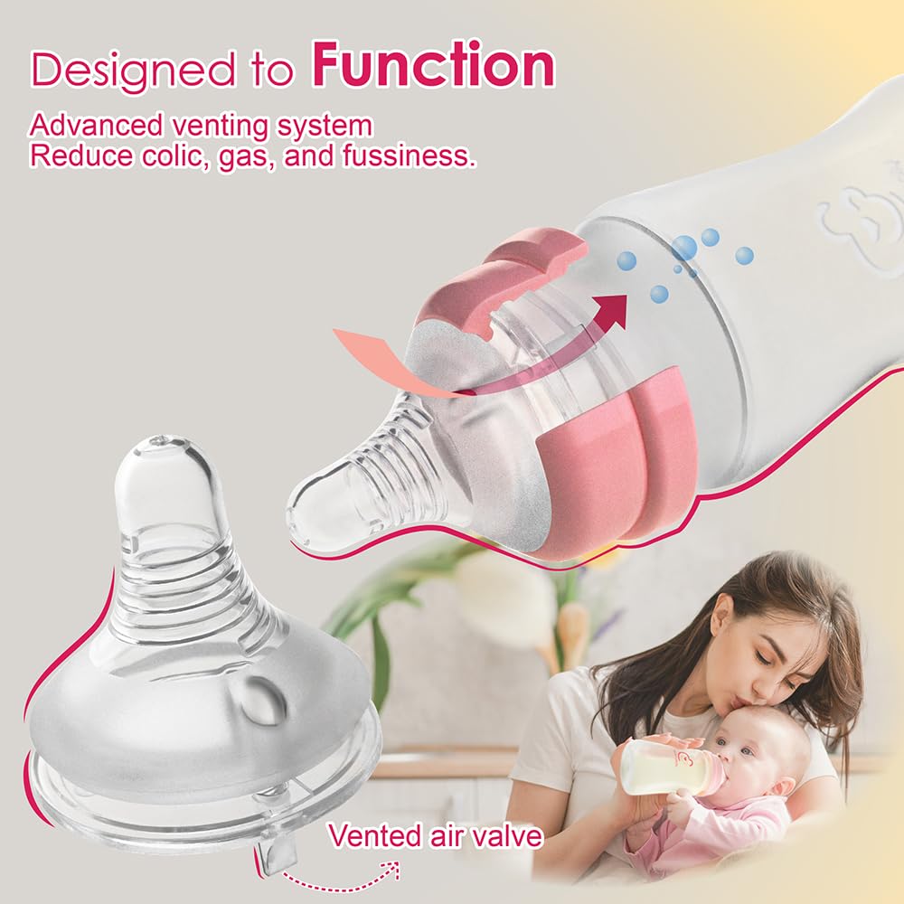 Nenesupply Natural Baby Bottles Newborn Feeding Bottles Slow Flow Breastfeeding Bottle for Breastfed Babies Wide Neck 9oz Anti Colic Level 2 Nipple for 1+ Month Infant Replace Spectra Bottle Pumping