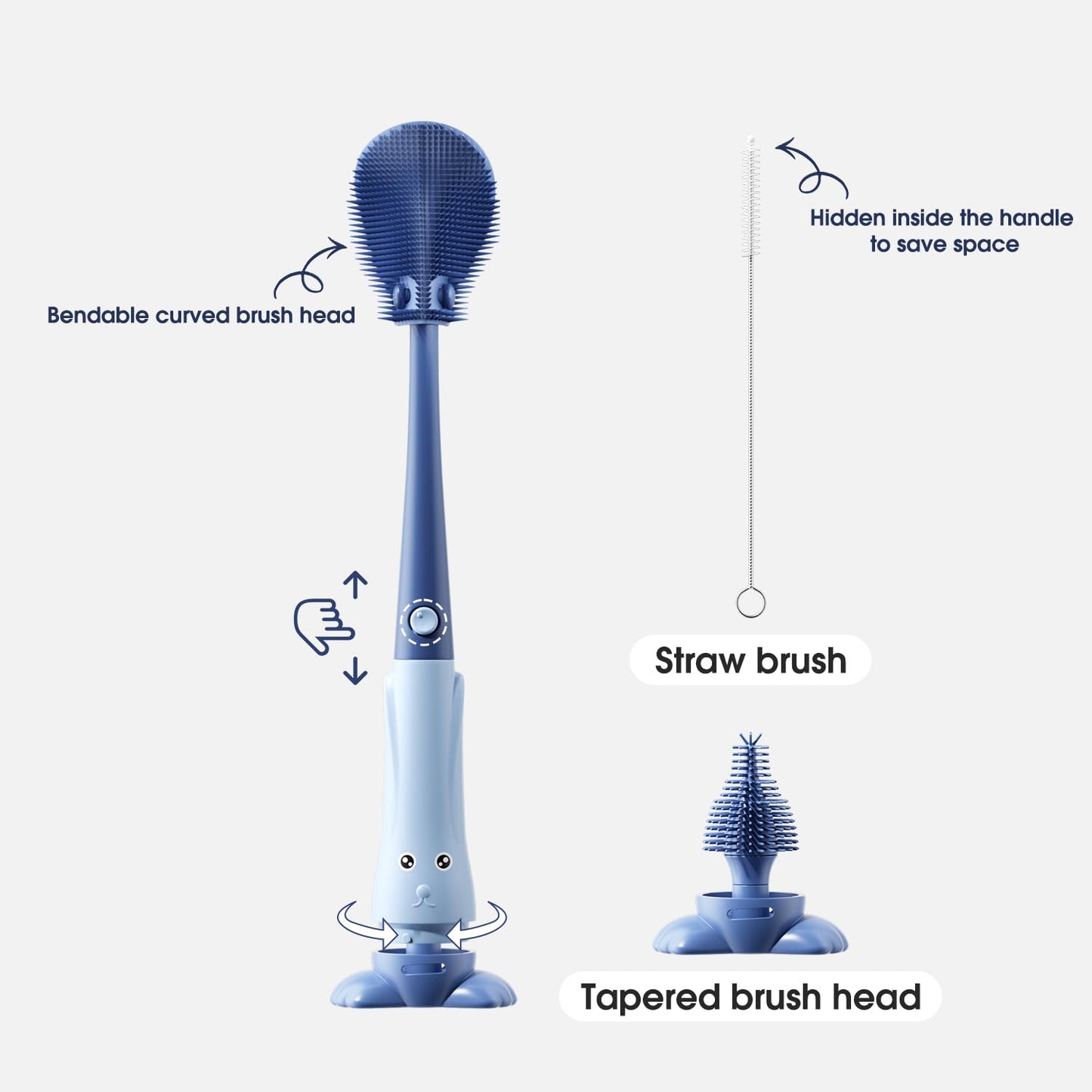 TPE Bottle Brush Cleaner Set, Baby Bottle Cleaning Kit for Breast Pump,Nipple, Breast Milk Storage Bag, Sippy Cup(Blue)