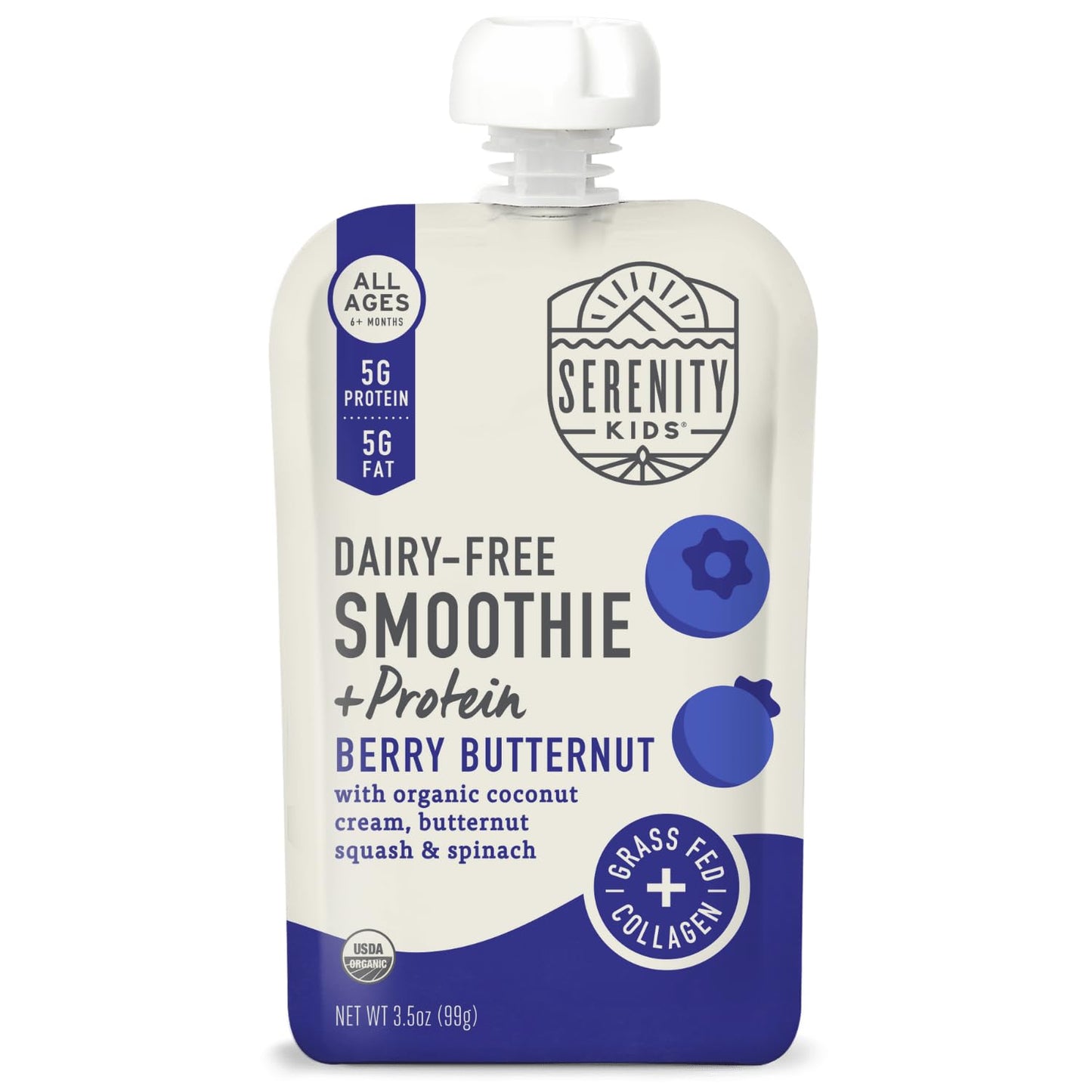 Serenity Kids 6+ Months Dairy-Free Smoothie Baby Food | USDA Organic | Grass Fed Collagen Protein | 3.5 Ounce BPA-Free Pouch | Berry Butternut | 12 Count