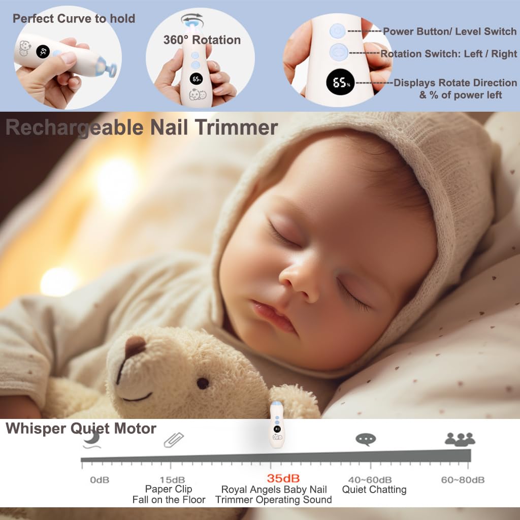 Baby Nail Trimmer 21 in 1, Usage Labeled Case & 13 Extra Replacement Tools, Royal Angels Baby Electric Nail File, Baby Nail Care, Nail Clipper Newborn Toddler Toes & Fingernails Nail Kit (Blue)